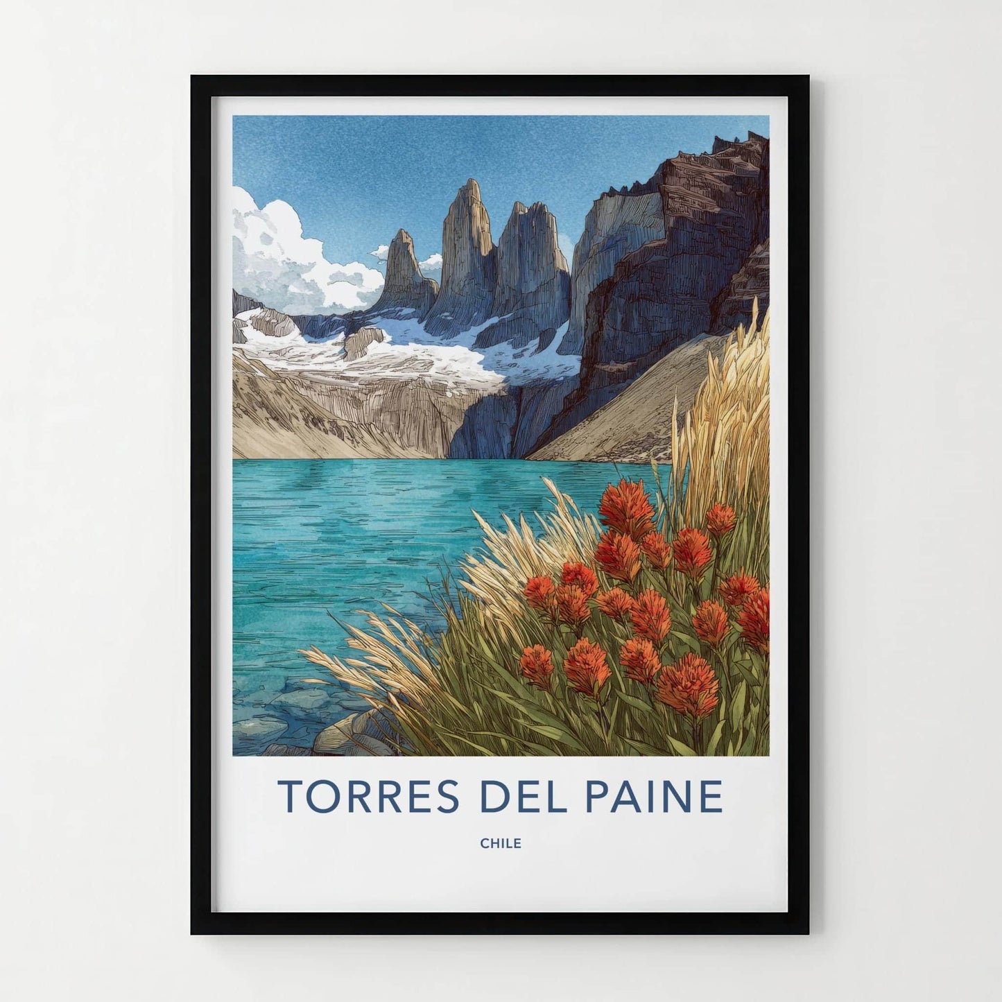 Torres Del Paine Poster - Chile Travel Art - Mountain Lake Flowers Home Decor