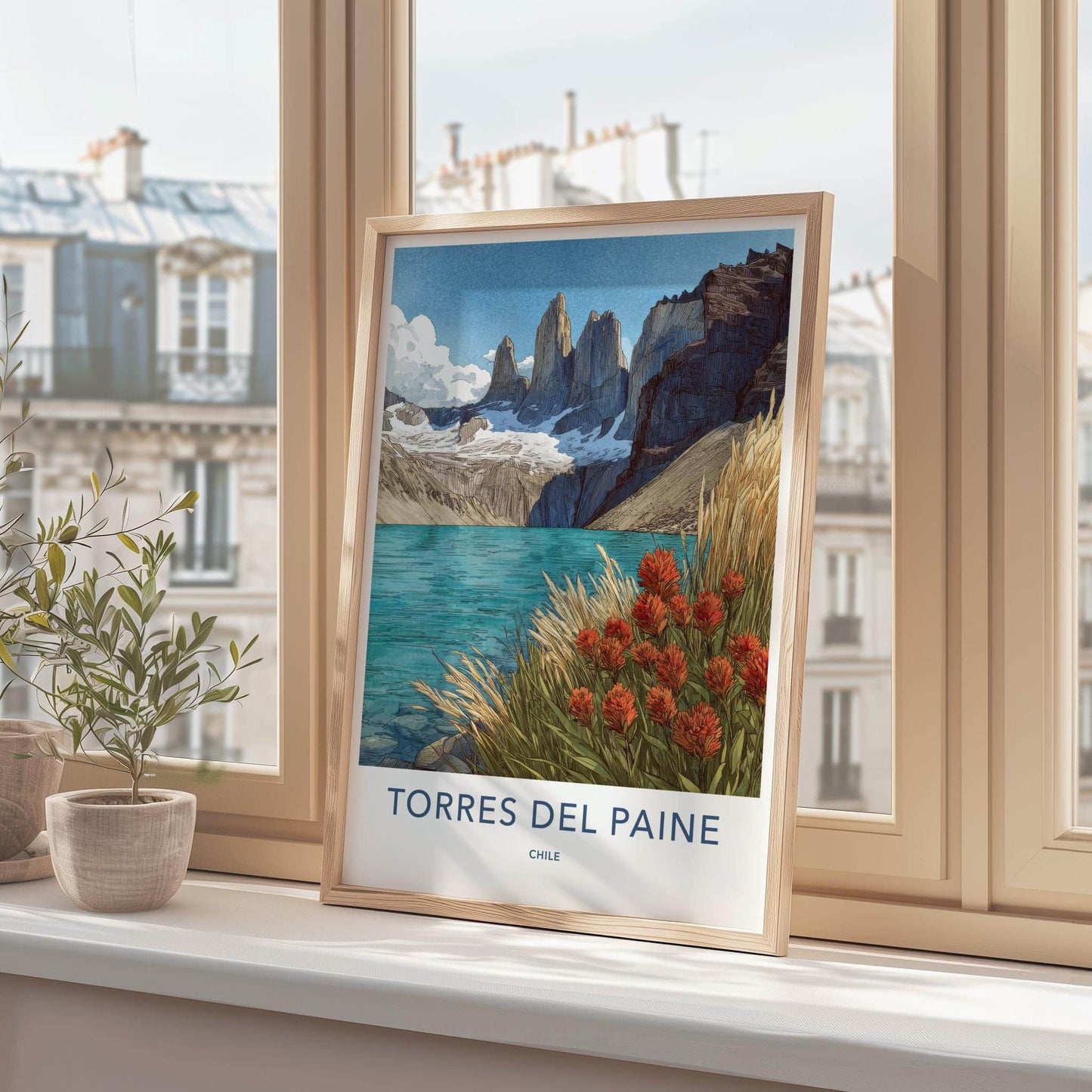 Torres Del Paine Poster - Chile Travel Art - Mountain Lake Flowers Home Decor