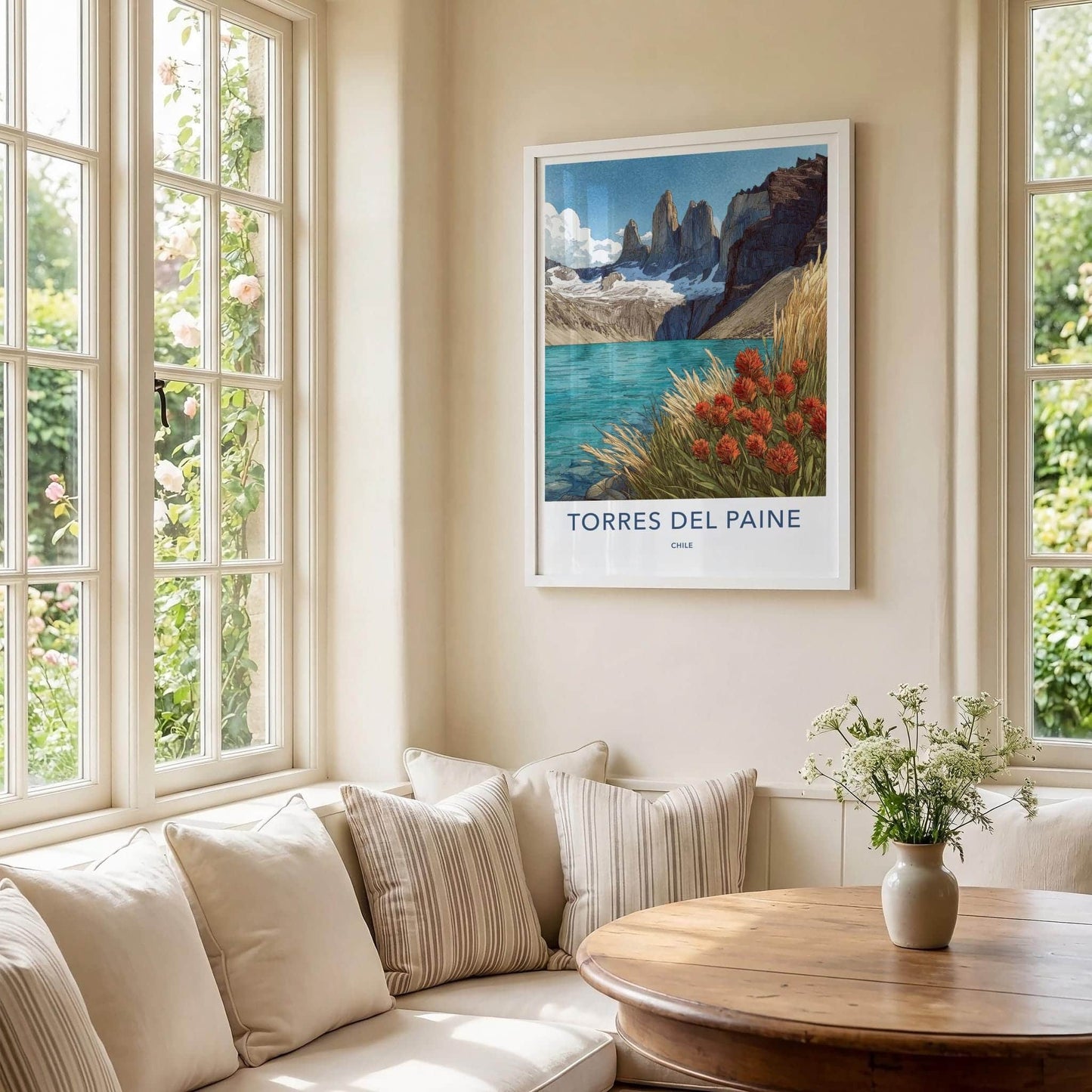 Torres Del Paine Poster - Chile Travel Art - Mountain Lake Flowers Home Decor