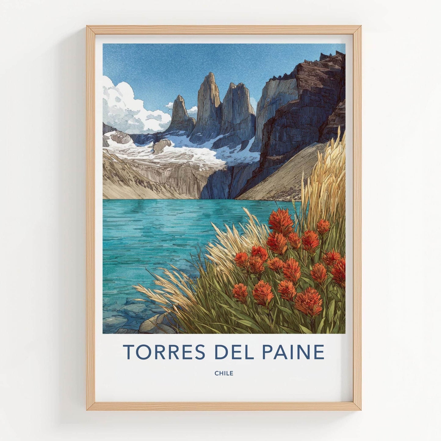 Torres Del Paine Poster - Chile Travel Art - Mountain Lake Flowers Home Decor