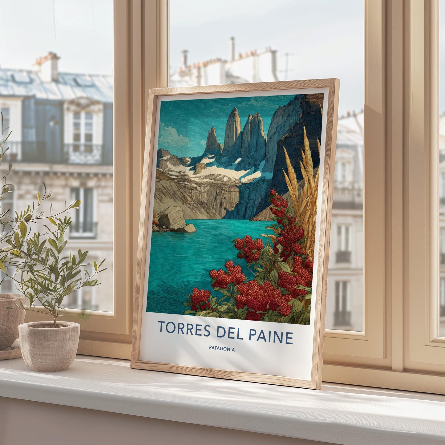 Torres del Paine Poster - Chile Travel Art - Red Berries Blue Lake Home Decor