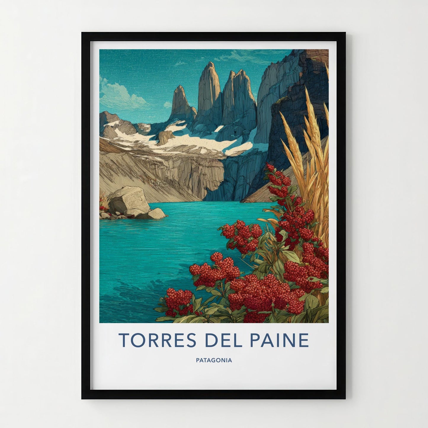 Torres del Paine Poster - Chile Travel Art - Red Berries Blue Lake Home Decor