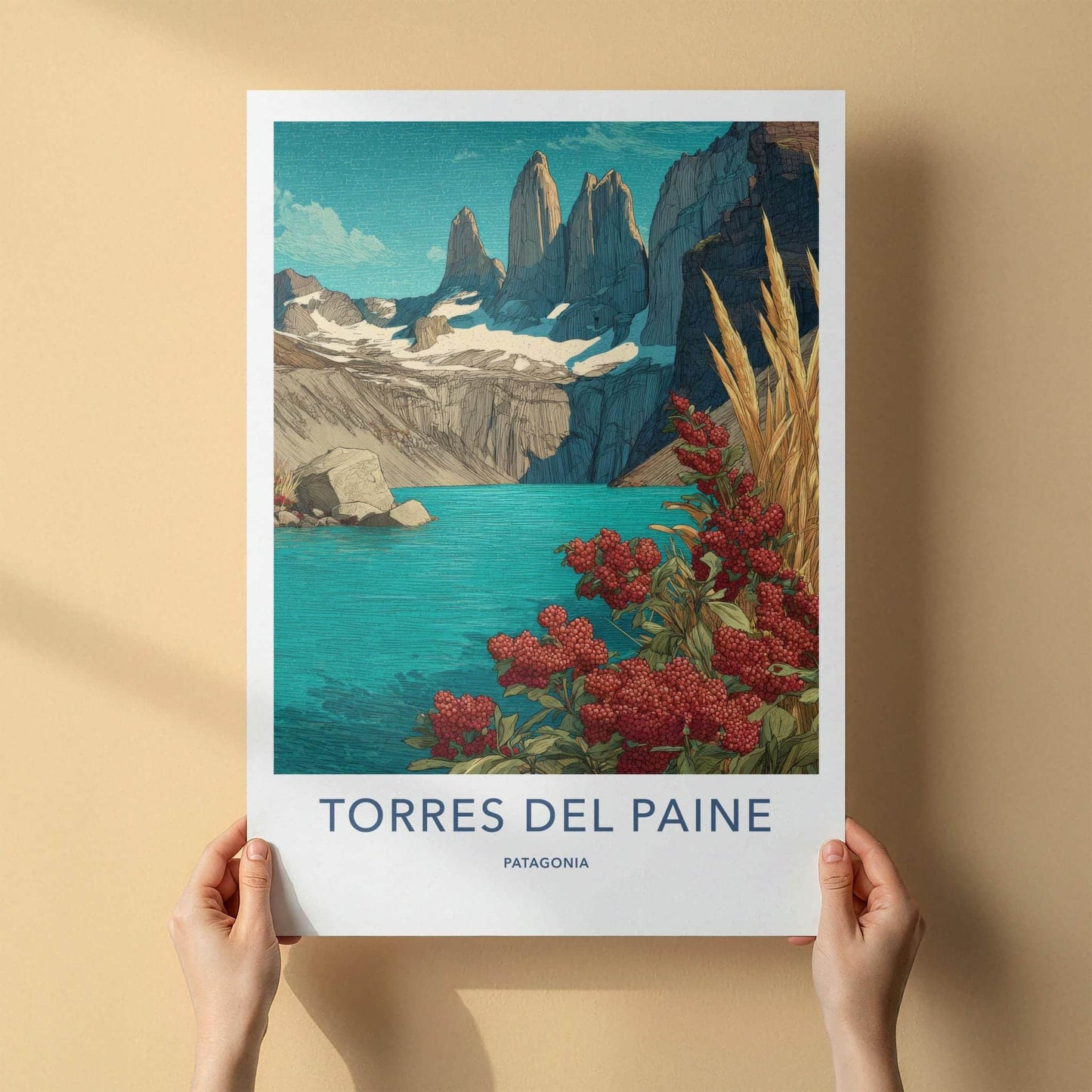 Torres del Paine Poster - Chile Travel Art - Red Berries Blue Lake Home Decor