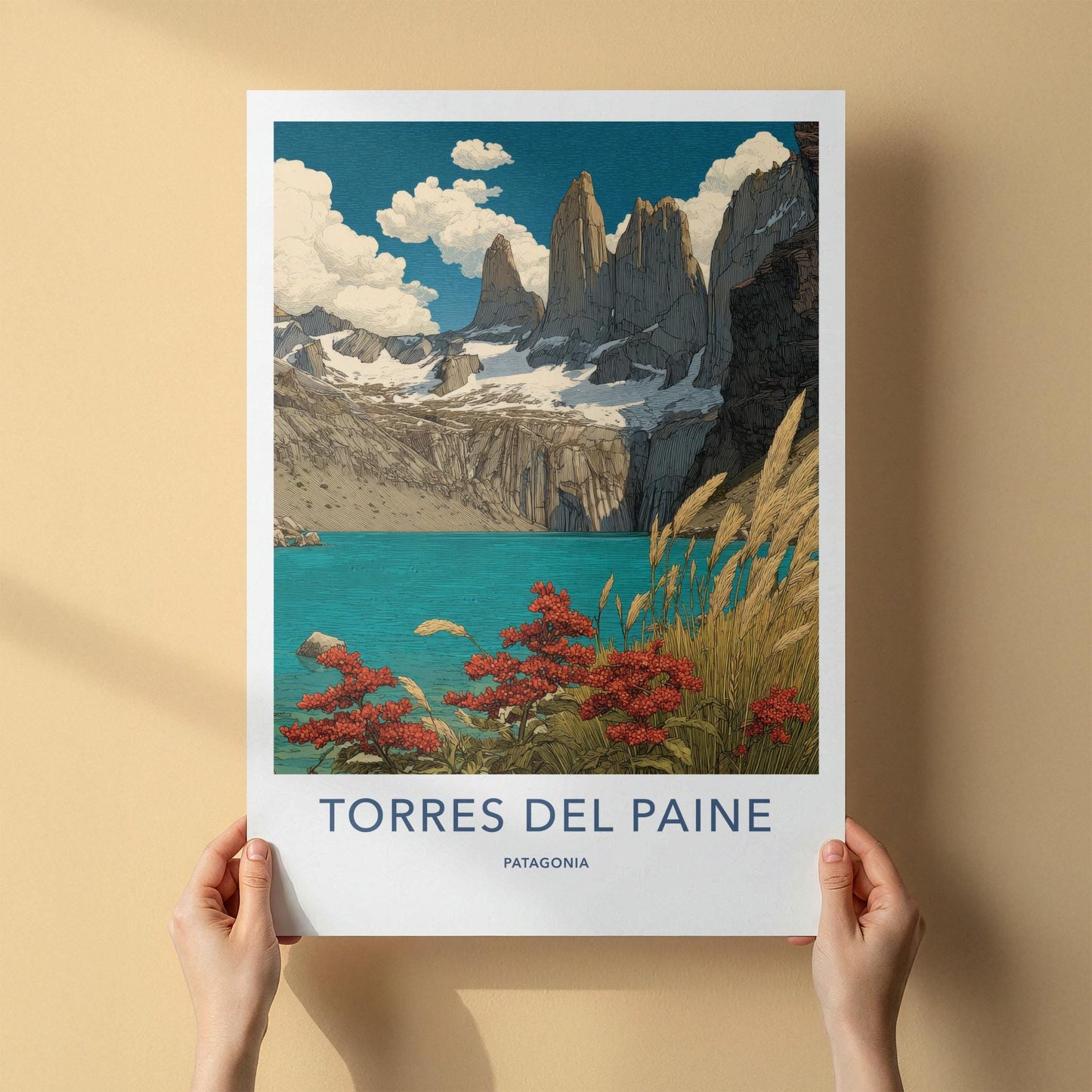 Torres Del Paine Poster - Chile Travel Art - Turquoise Lake Peaks Home Decor