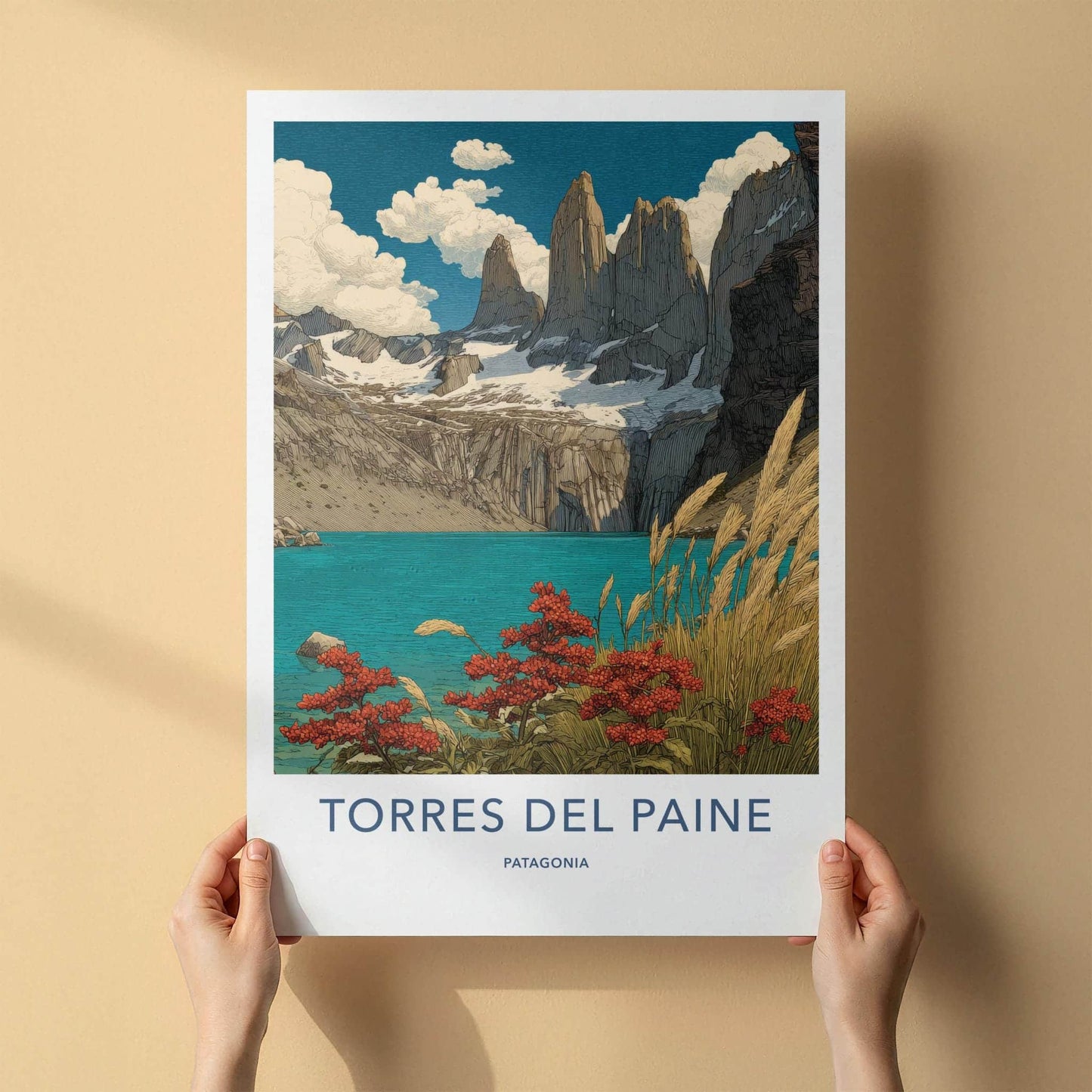Torres Del Paine Poster - Chile Travel Art - Turquoise Lake Peaks Home Decor
