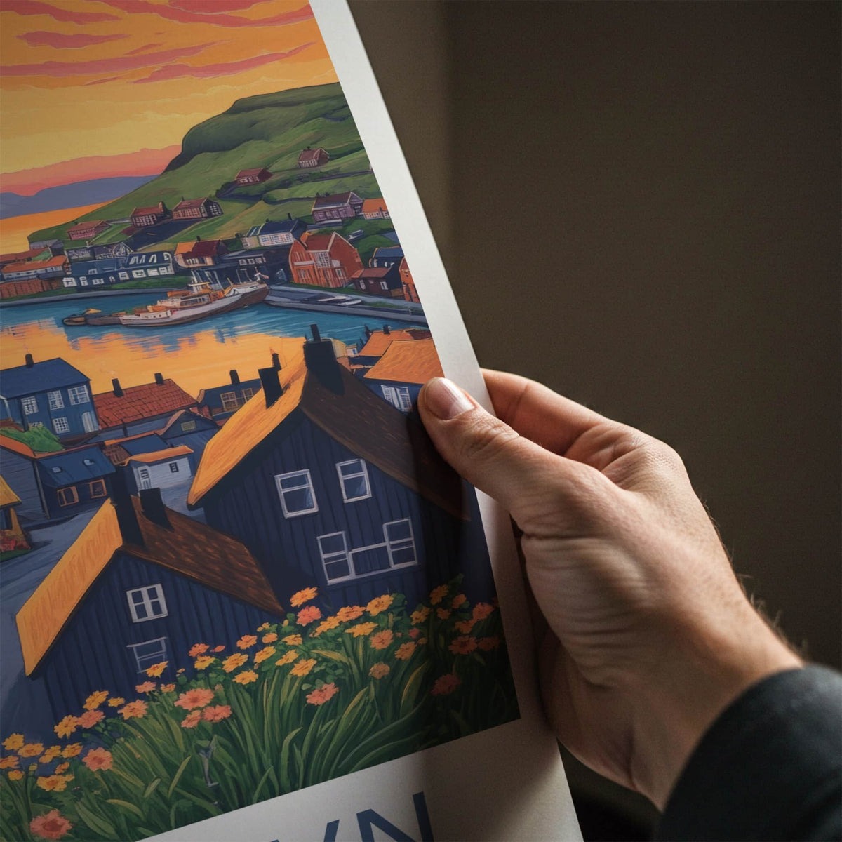 Torshavn Poster - Faroe Islands Travel Art - Harbor Town Sunset Wall Decor