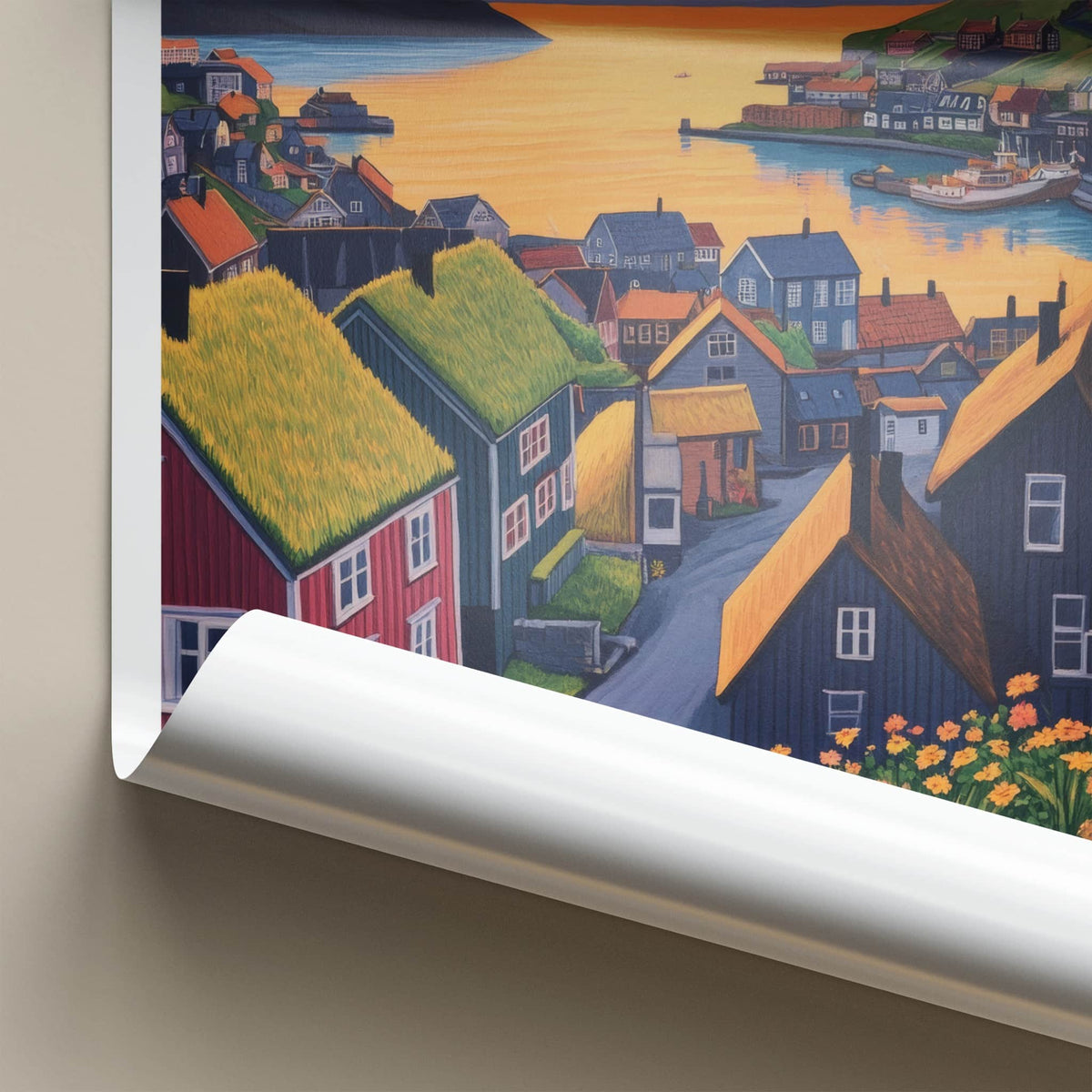 Torshavn Poster - Faroe Islands Travel Art - Harbor Town Sunset Wall Decor