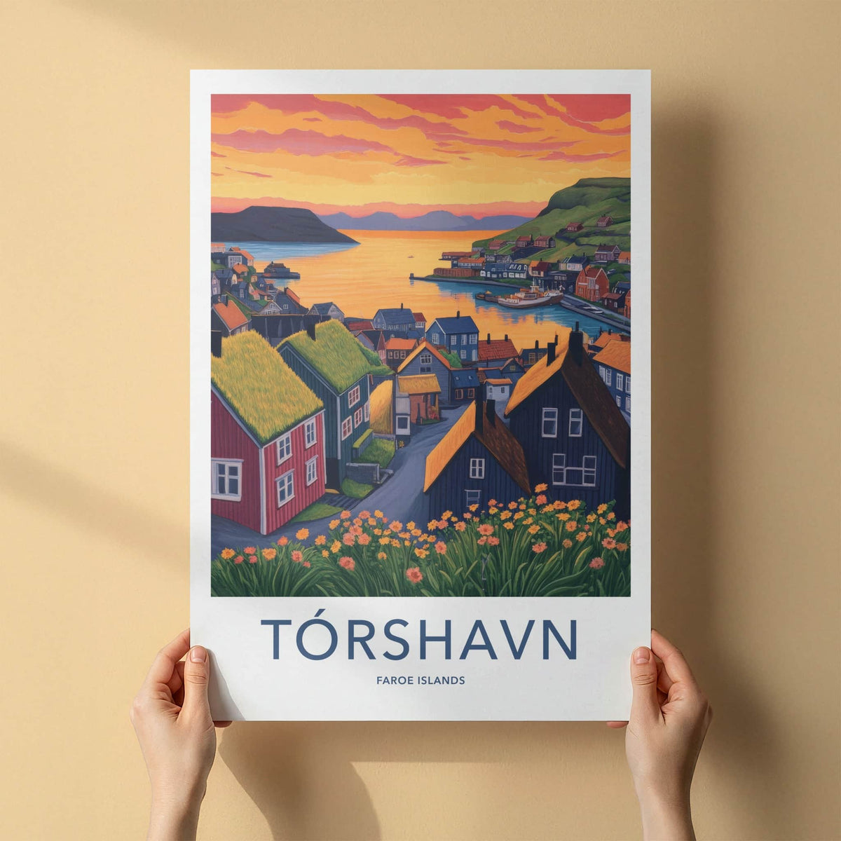 Torshavn Poster - Faroe Islands Travel Art - Harbor Town Sunset Wall Decor