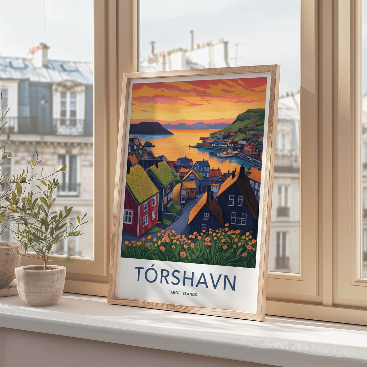 Torshavn Poster - Faroe Islands Travel Art - Harbor Town Sunset Wall Decor
