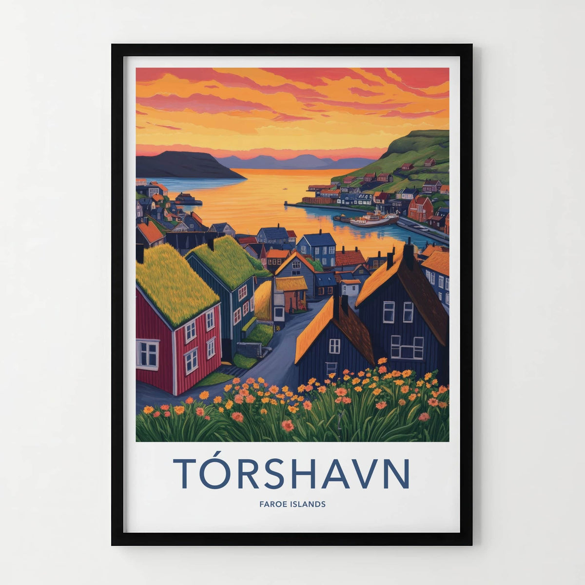 Torshavn Poster - Faroe Islands Travel Art - Harbor Town Sunset Wall Decor