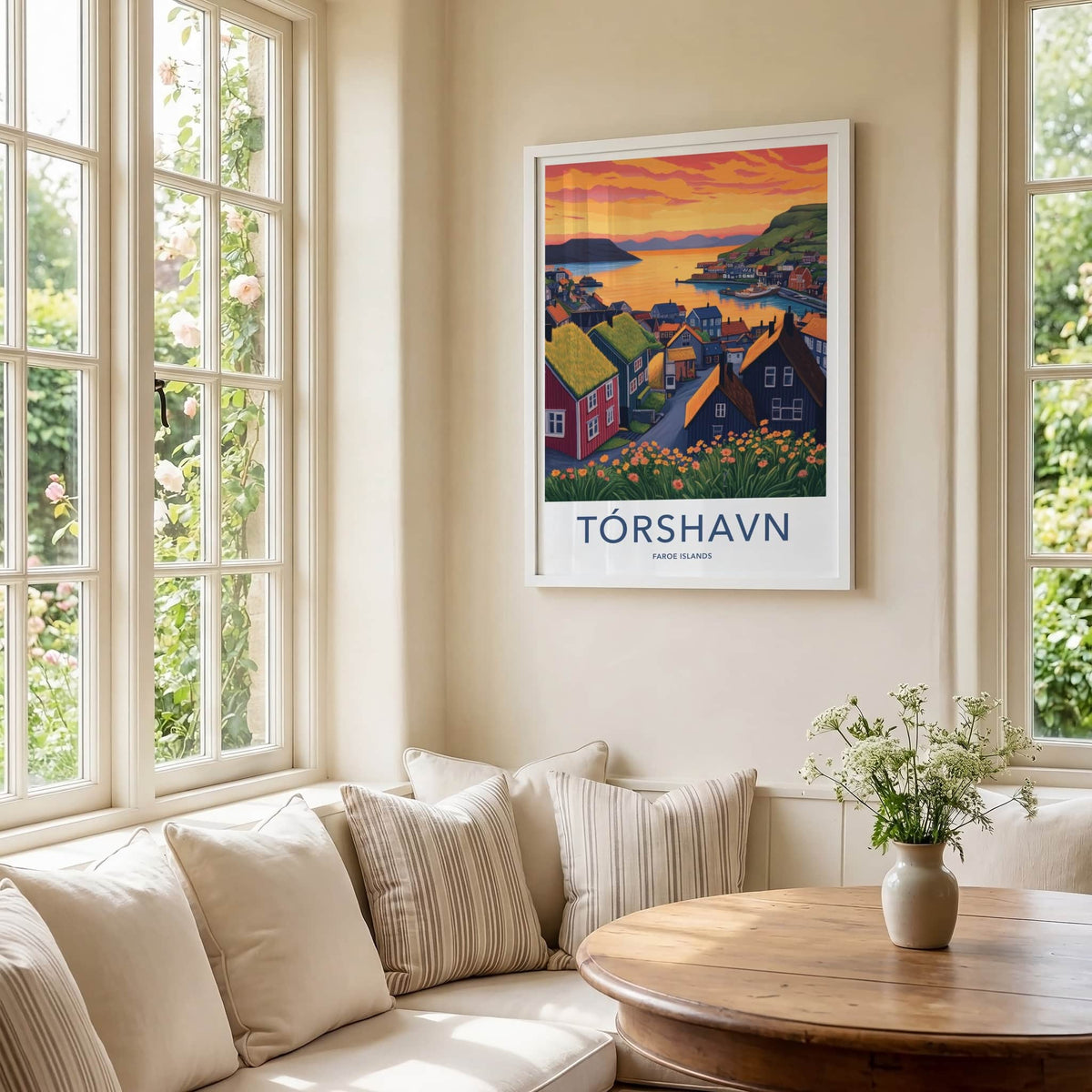 Torshavn Poster - Faroe Islands Travel Art - Harbor Town Sunset Wall Decor