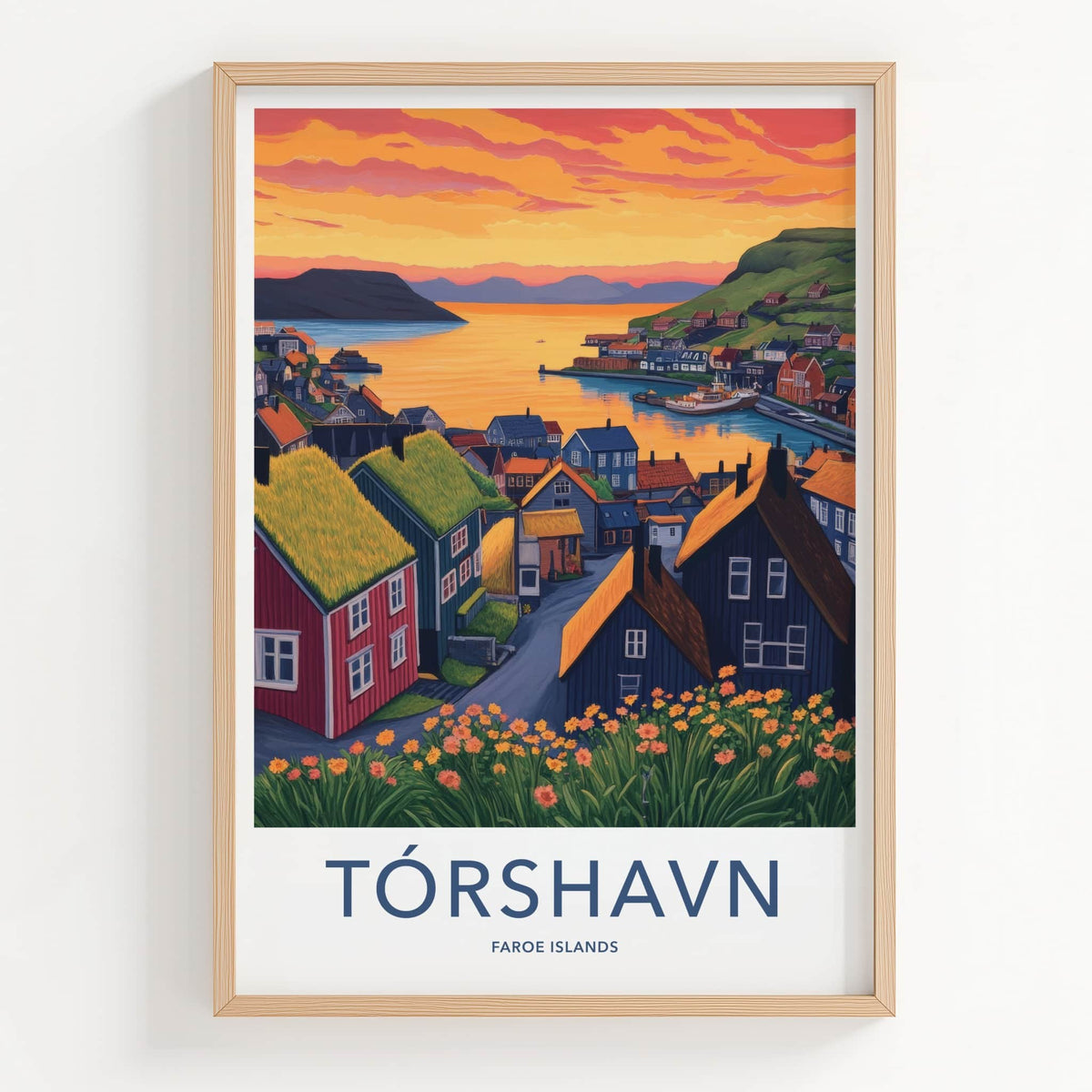 Torshavn Poster - Faroe Islands Travel Art - Harbor Town Sunset Wall Decor