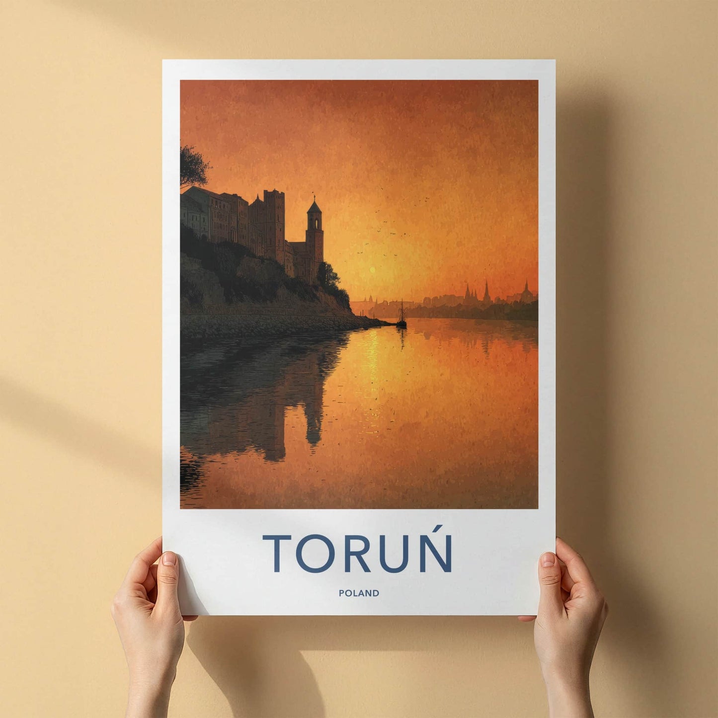 Torun Poster - Poland Travel Art - Riverfront City Sunset Home Decor