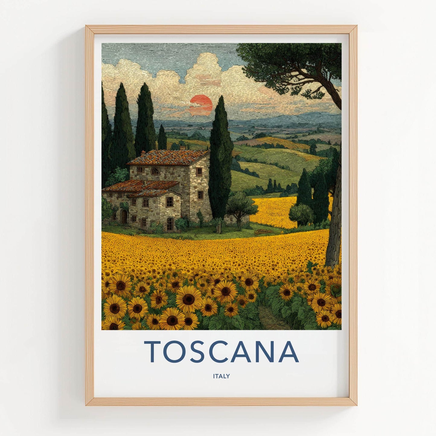 Toscana Poster - Italy Travel Art - Tuscan Farmhouse Sunflowers Wall Decor