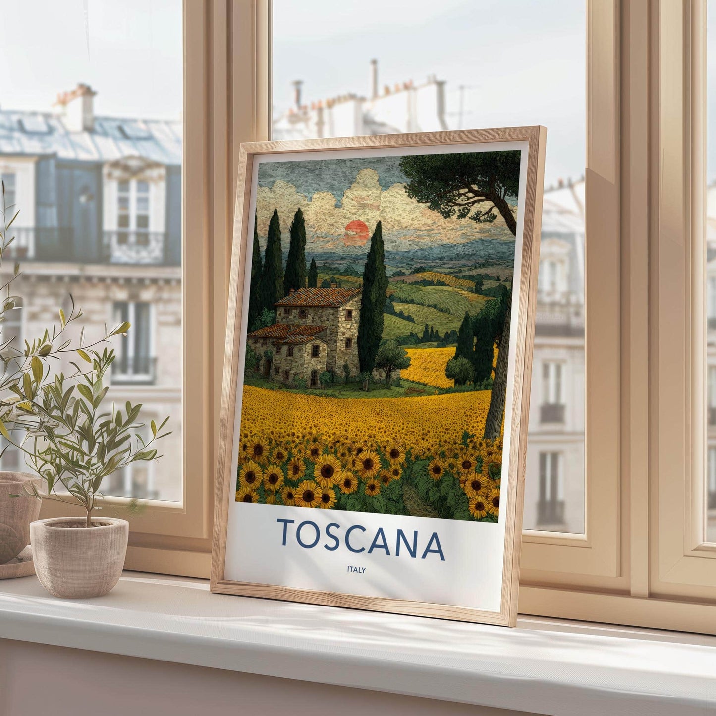 Toscana Poster - Italy Travel Art - Tuscan Farmhouse Sunflowers Wall Decor