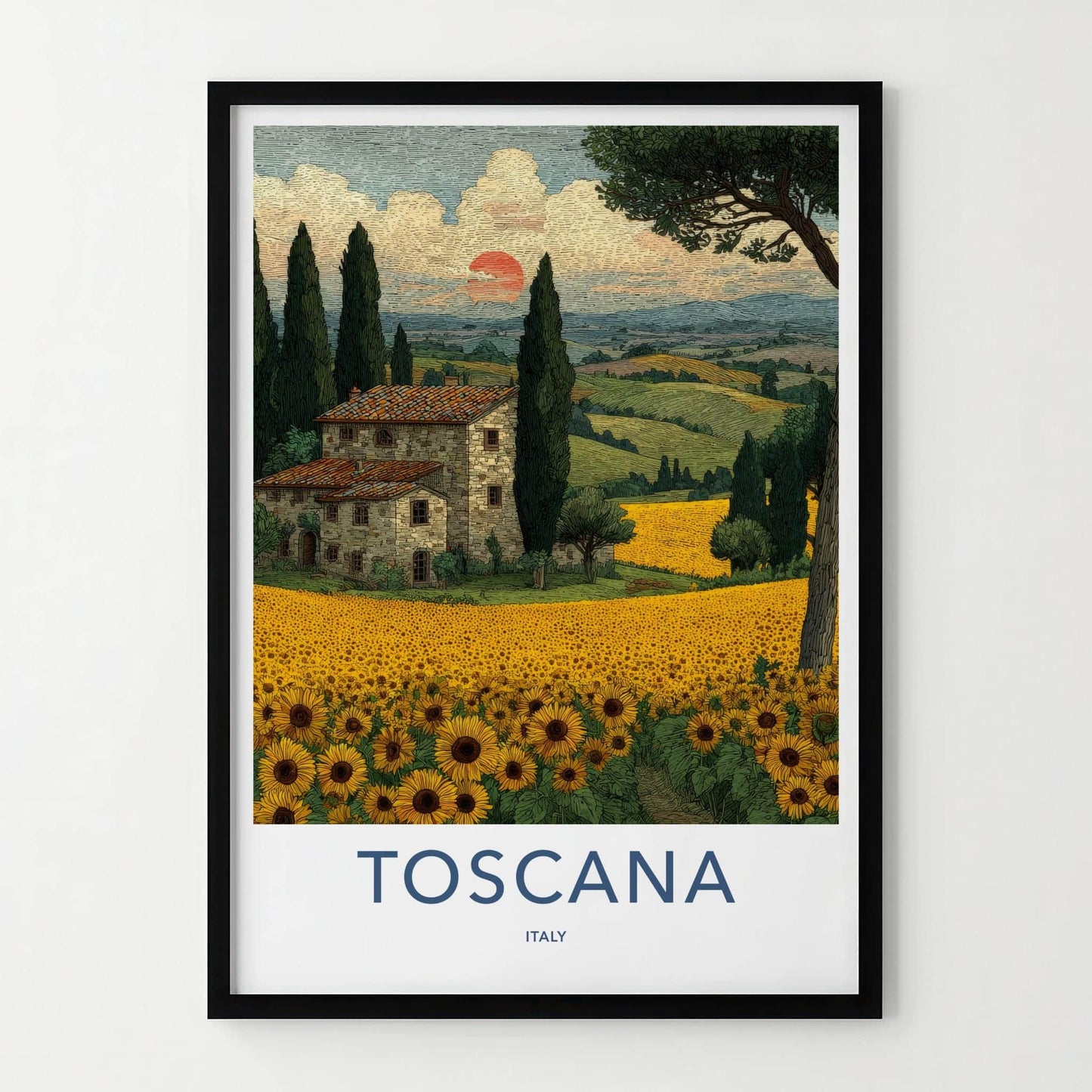Toscana Poster - Italy Travel Art - Tuscan Farmhouse Sunflowers Wall Decor