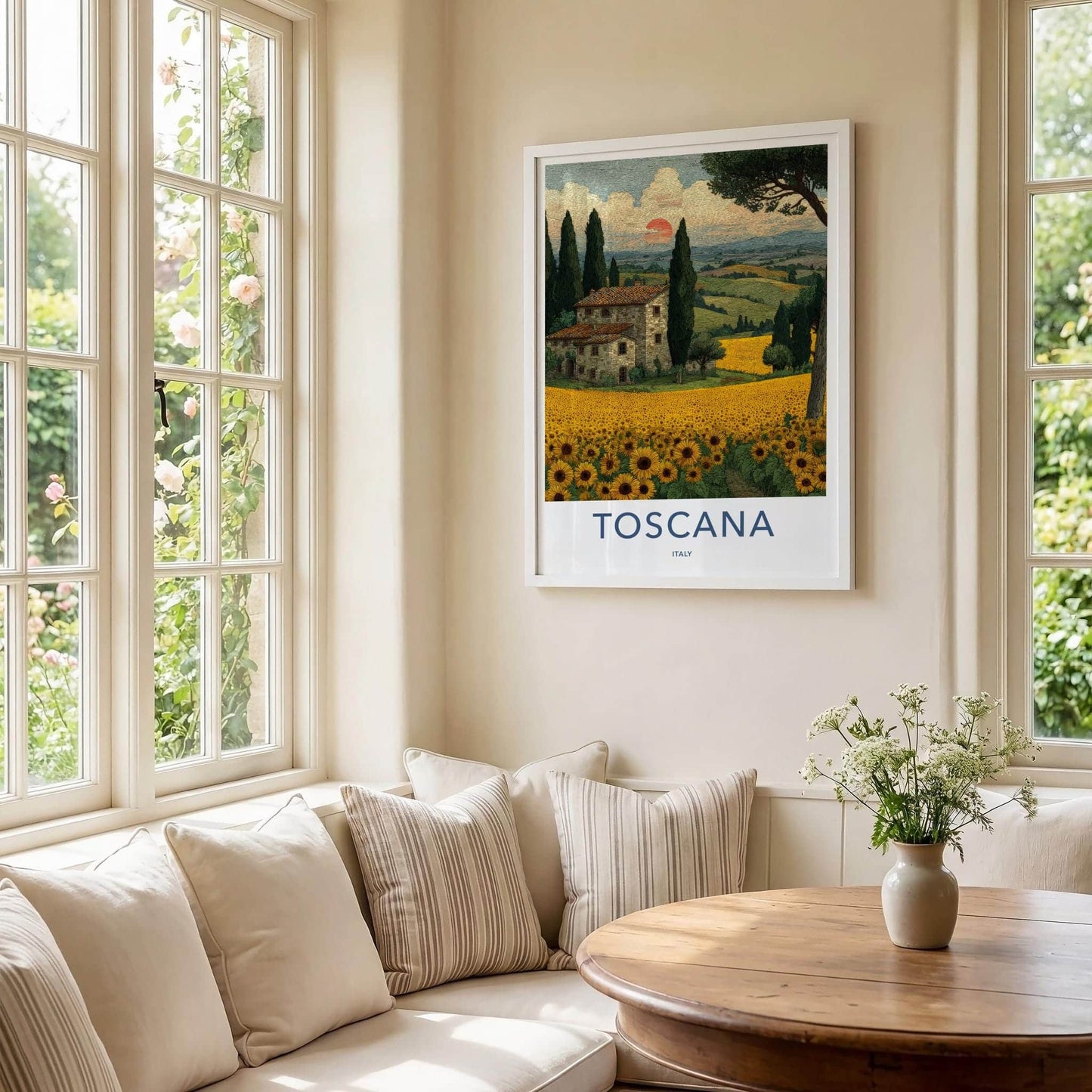 Toscana Poster - Italy Travel Art - Tuscan Farmhouse Sunflowers Wall Decor