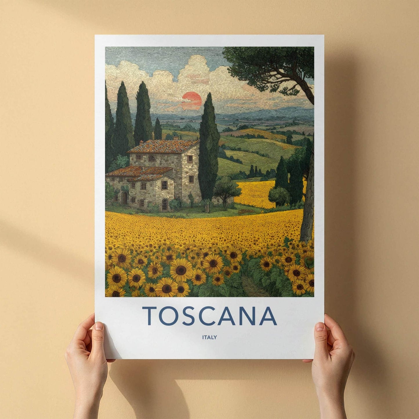 Toscana Poster - Italy Travel Art - Tuscan Farmhouse Sunflowers Wall Decor