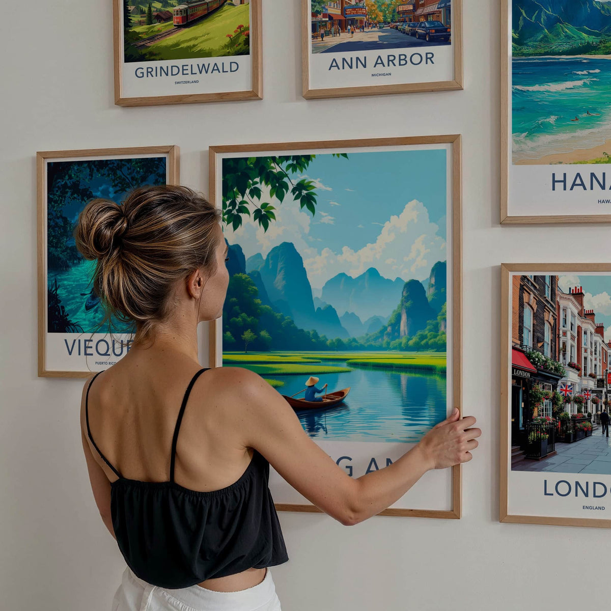 Trang An Poster - Vietnam Travel Print - Paddler River Greenery Wall Decor
