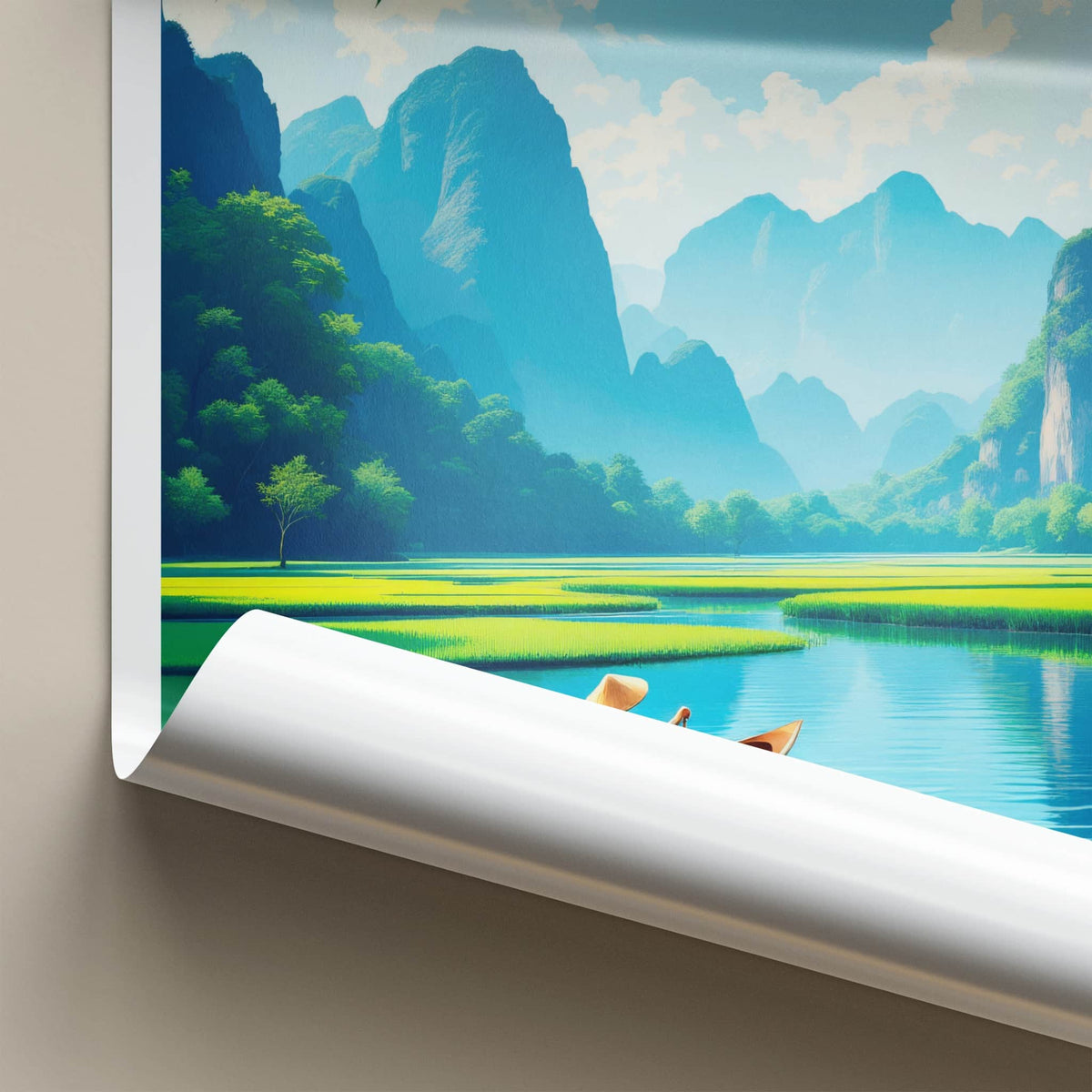 Trang An Poster - Vietnam Travel Print - Paddler River Greenery Wall Decor