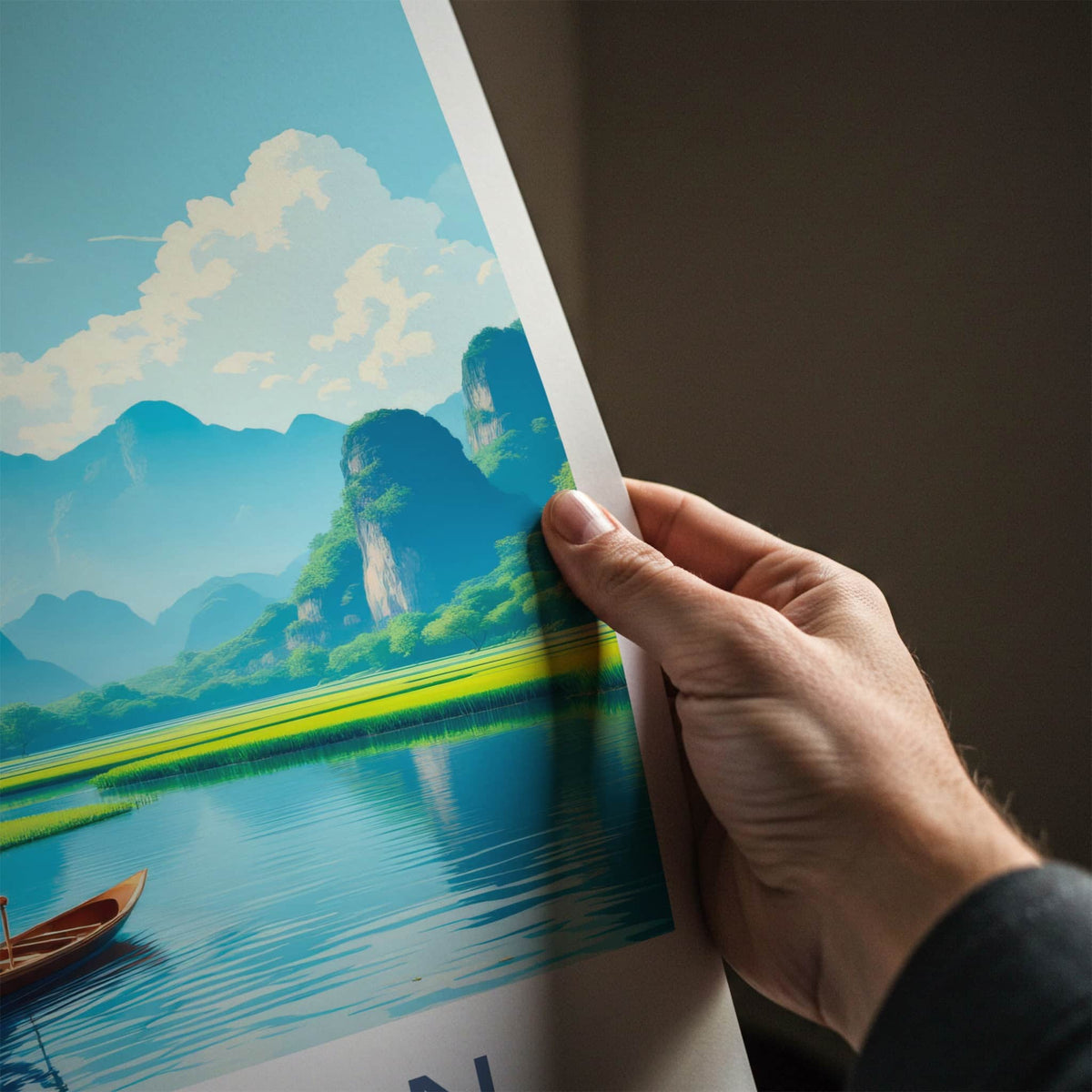 Trang An Poster - Vietnam Travel Print - Paddler River Greenery Wall Decor