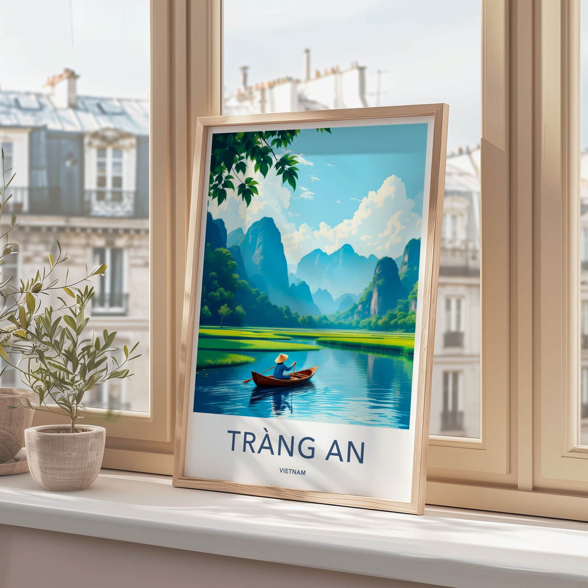 Trang An Poster - Vietnam Travel Print - Paddler River Greenery Wall Decor