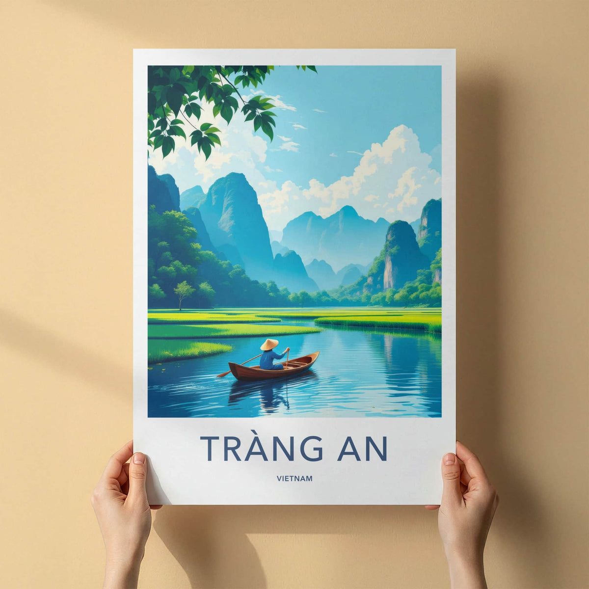 Trang An Poster - Vietnam Travel Print - Paddler River Greenery Wall Decor
