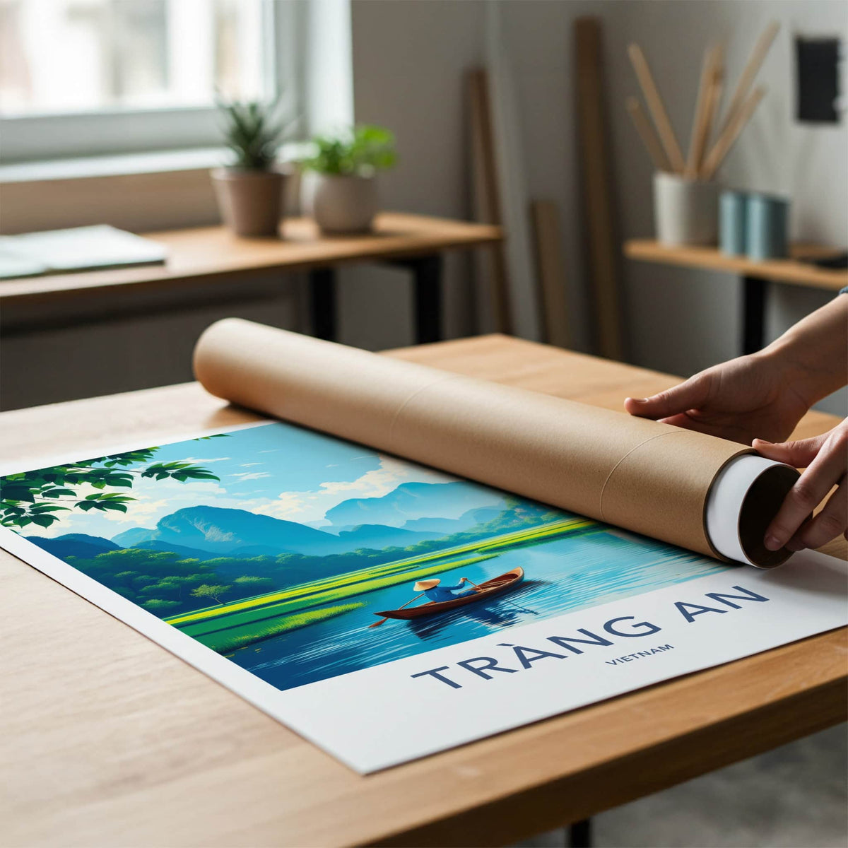 Trang An Poster - Vietnam Travel Print - Paddler River Greenery Wall Decor