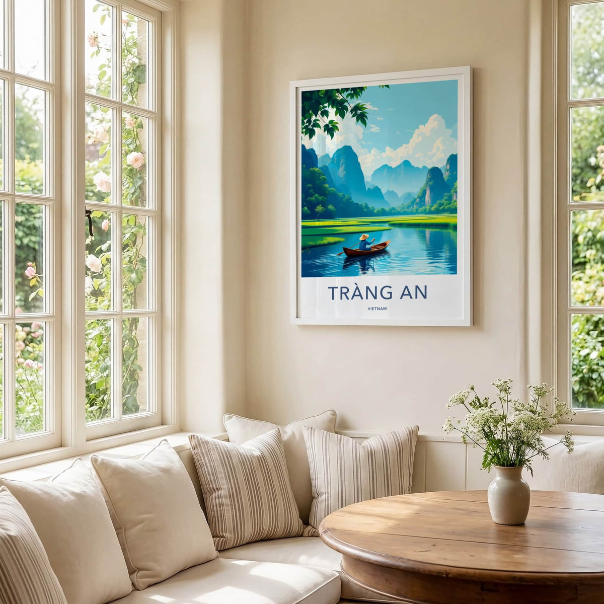 Trang An Poster - Vietnam Travel Print - Paddler River Greenery Wall Decor