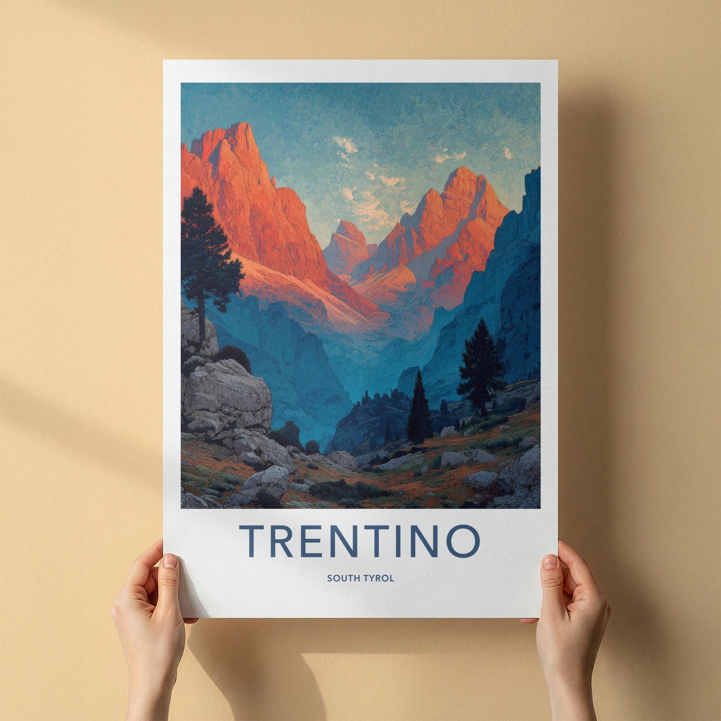 Trentino Poster - Italy Travel Art - Alpenglow Mountain Peaks Wall Decor