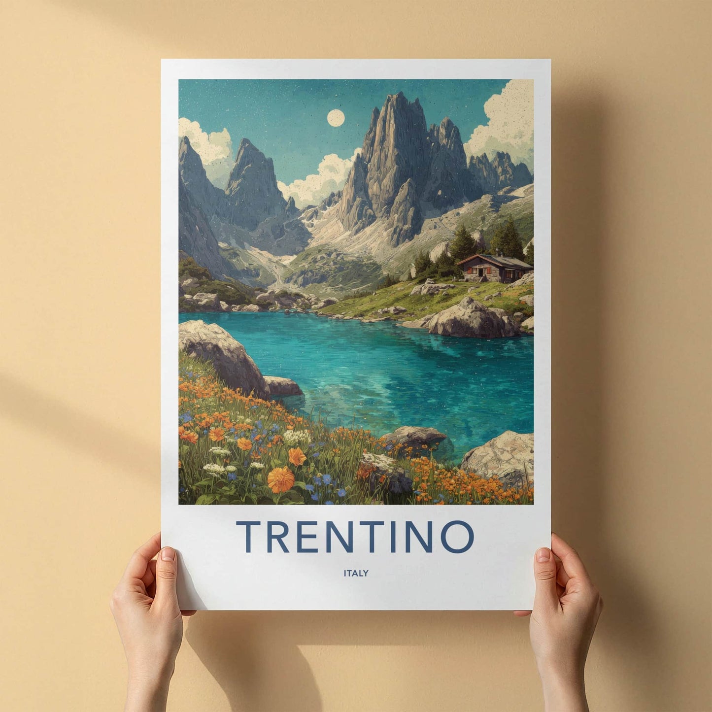 Trentino Poster - Italy Travel Art - Mountain Lakeside Cabin Wall Decor