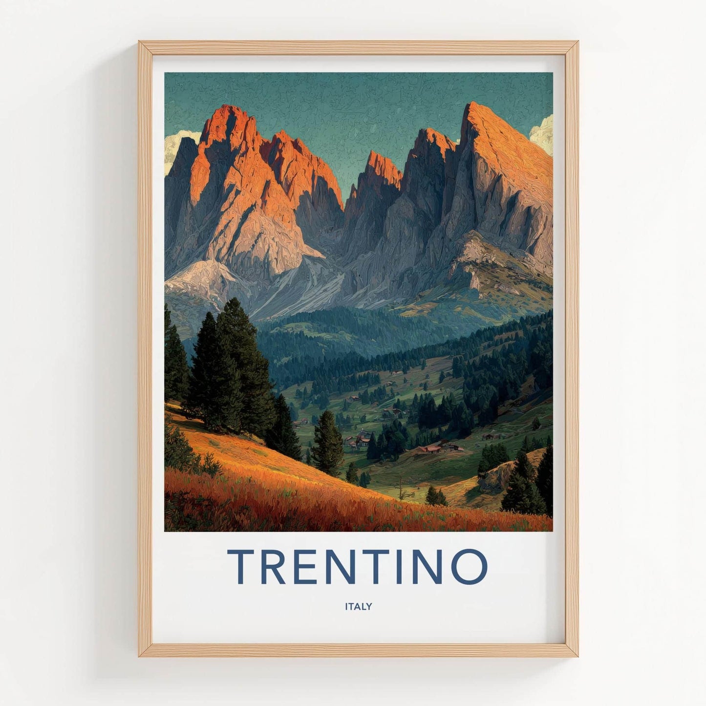 Trentino Poster - Italy Travel Art - Sunset Mountain Valley Home Decor