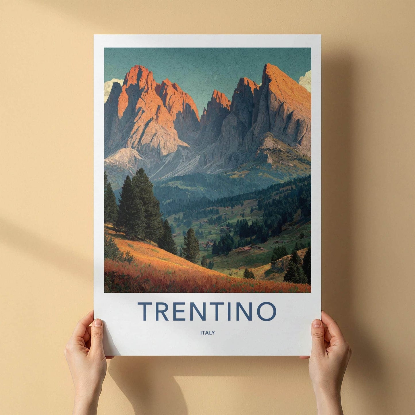Trentino Poster - Italy Travel Art - Sunset Mountain Valley Home Decor