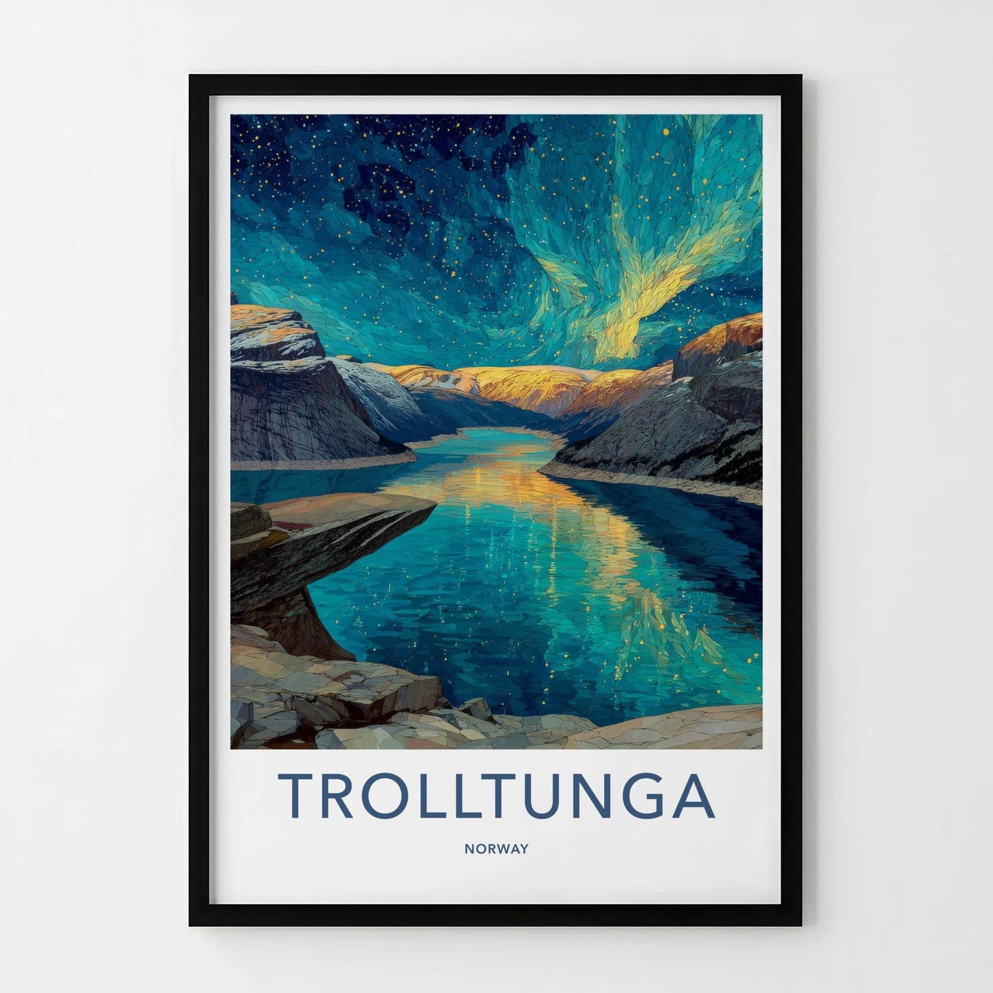 Trolltunga Poster - Norway Travel Art - Aurora Fjord Reflection Home Decor