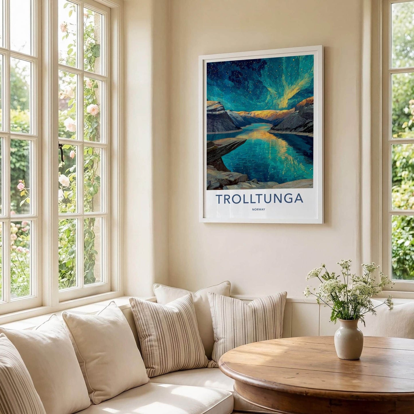 Trolltunga Poster - Norway Travel Art - Aurora Fjord Reflection Home Decor