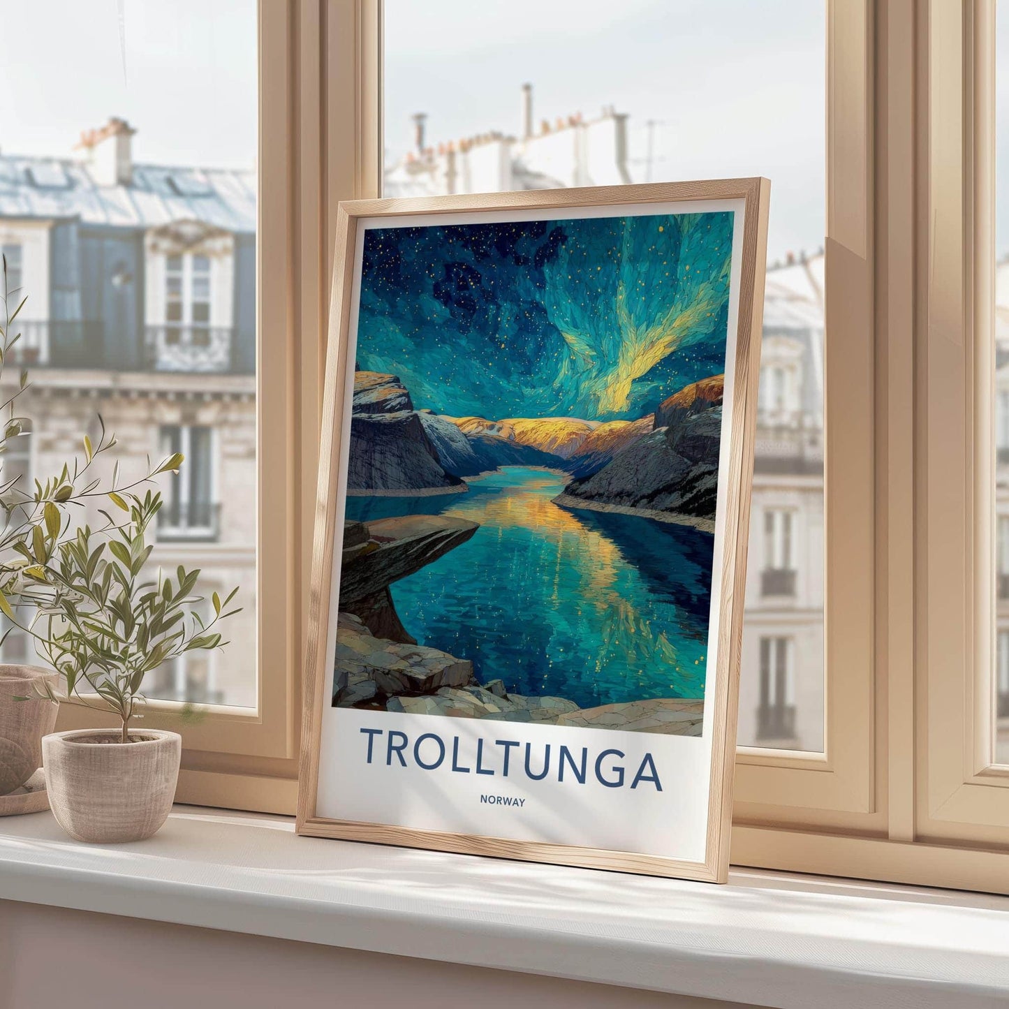 Trolltunga Poster - Norway Travel Art - Aurora Fjord Reflection Home Decor