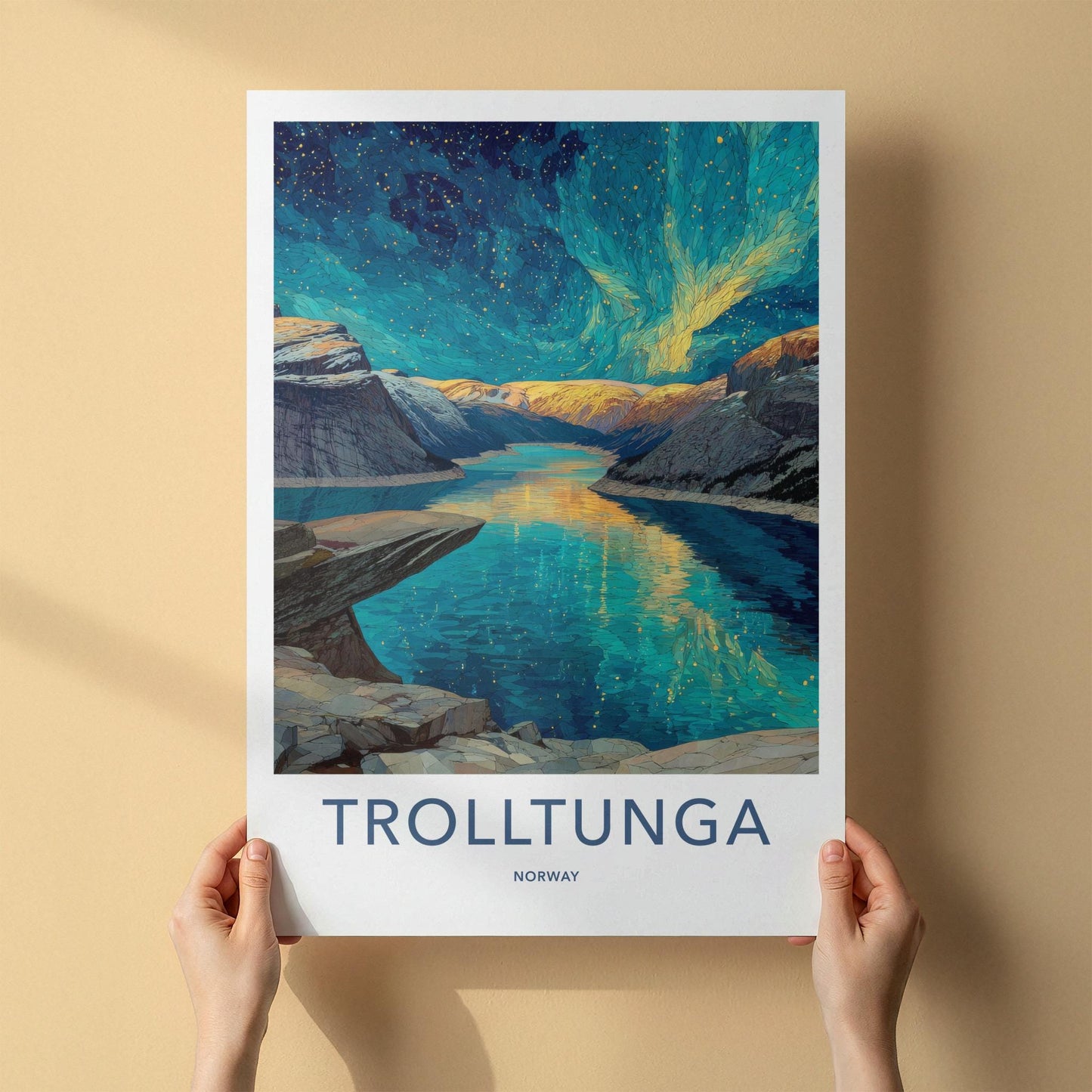 Trolltunga Poster - Norway Travel Art - Aurora Fjord Reflection Home Decor