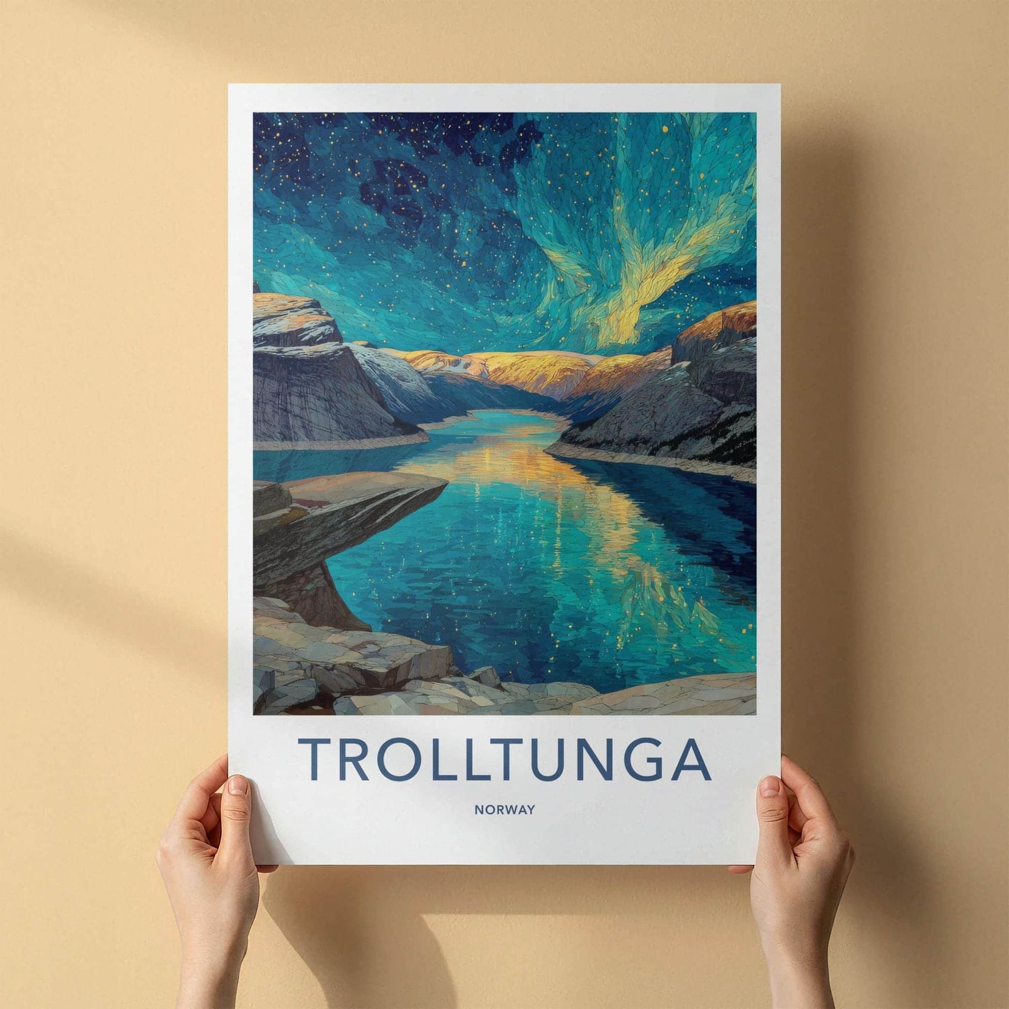 Trolltunga Poster - Norway Travel Art - Aurora Fjord Reflection Home Decor