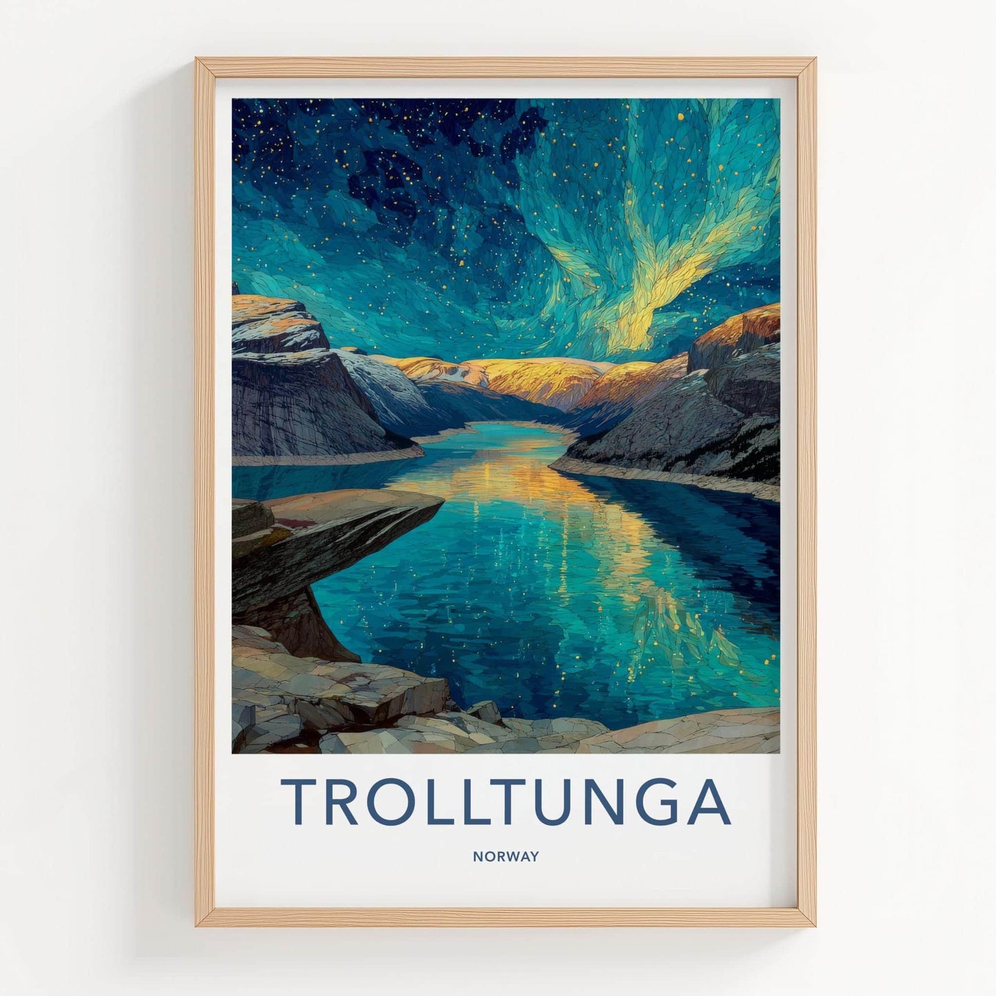 Trolltunga Poster - Norway Travel Art - Aurora Fjord Reflection Home Decor