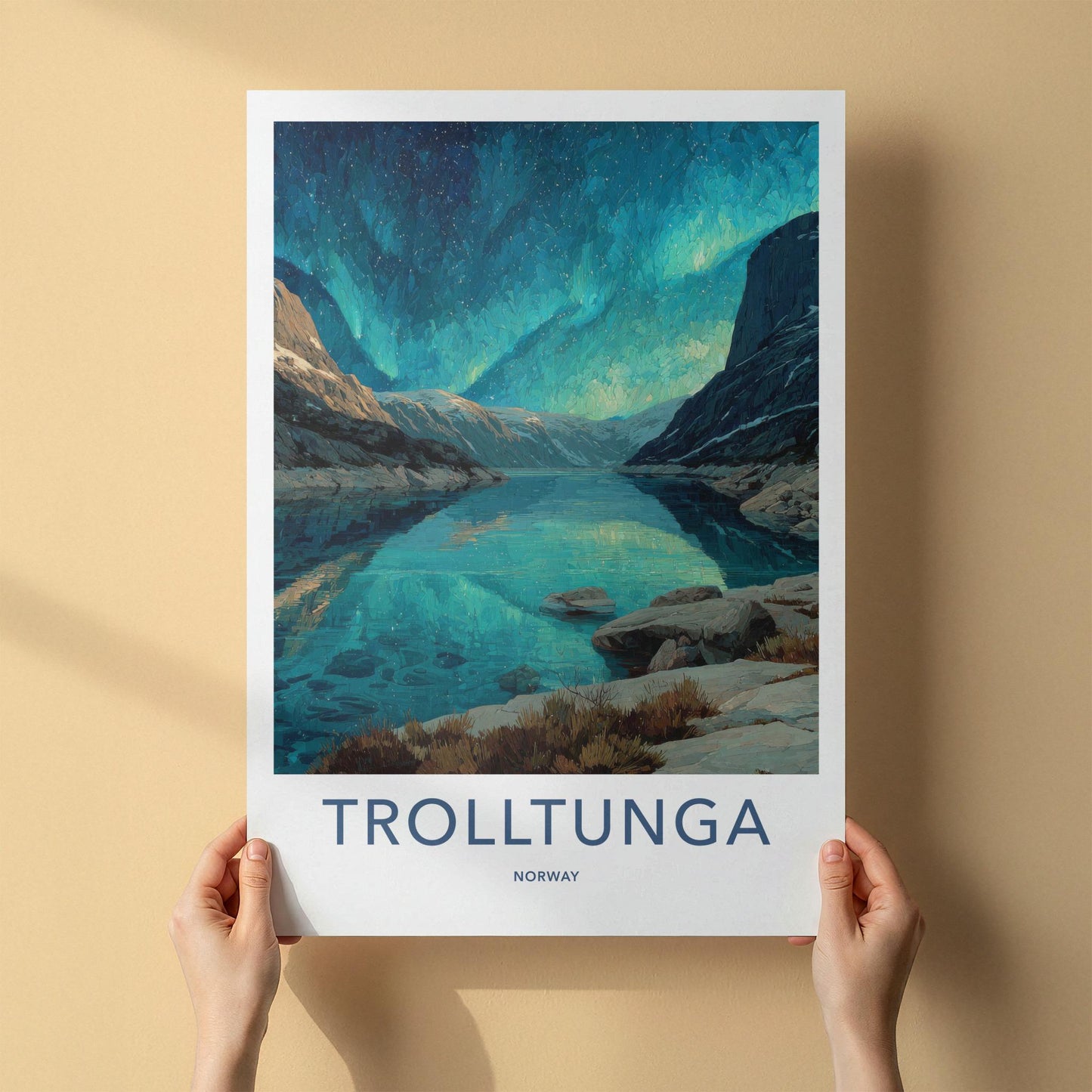 Trolltunga Poster - Norway Travel Art - Aurora Reflections Fjord Wall Decor