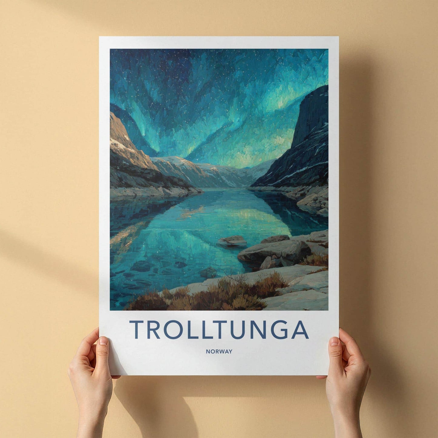 Trolltunga Poster - Norway Travel Art - Aurora Reflections Fjord Wall Decor