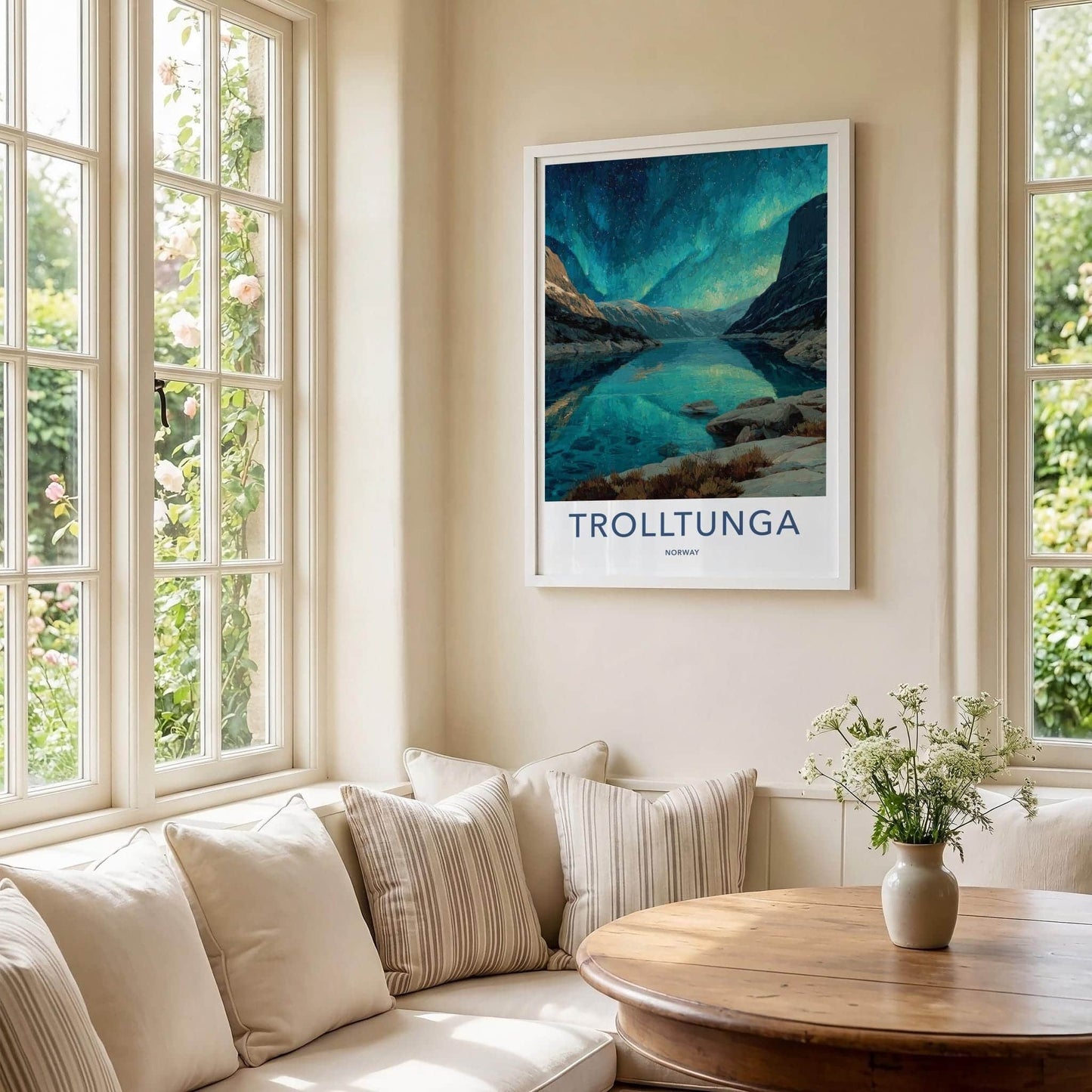 Trolltunga Poster - Norway Travel Art - Aurora Reflections Fjord Wall Decor
