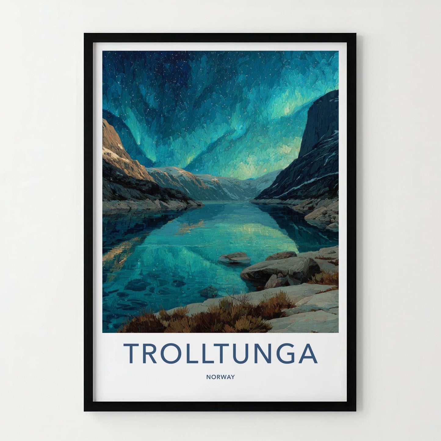 Trolltunga Poster - Norway Travel Art - Aurora Reflections Fjord Wall Decor