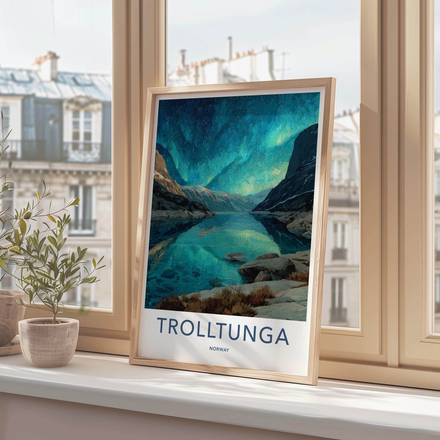 Trolltunga Poster - Norway Travel Art - Aurora Reflections Fjord Wall Decor