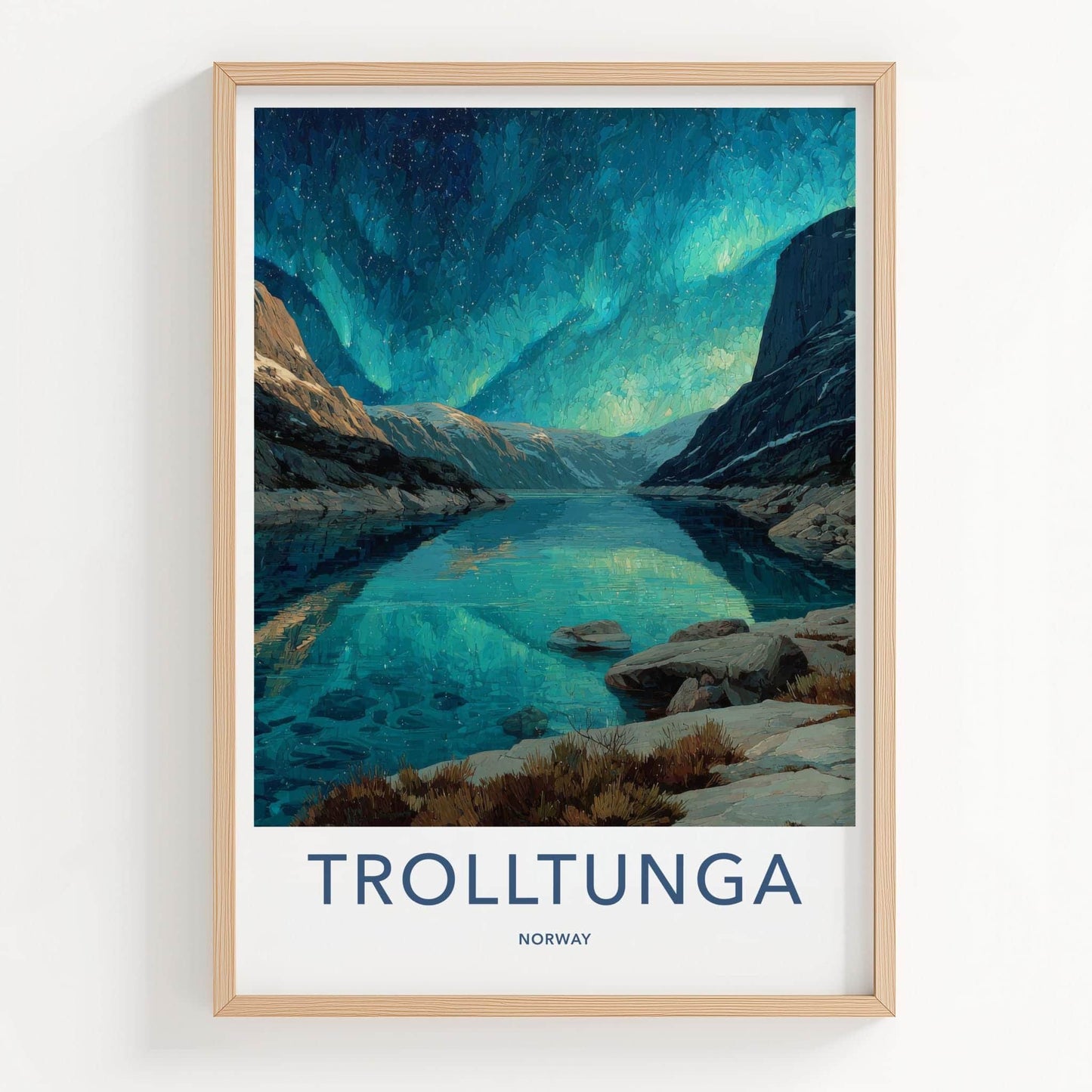 Trolltunga Poster - Norway Travel Art - Aurora Reflections Fjord Wall Decor