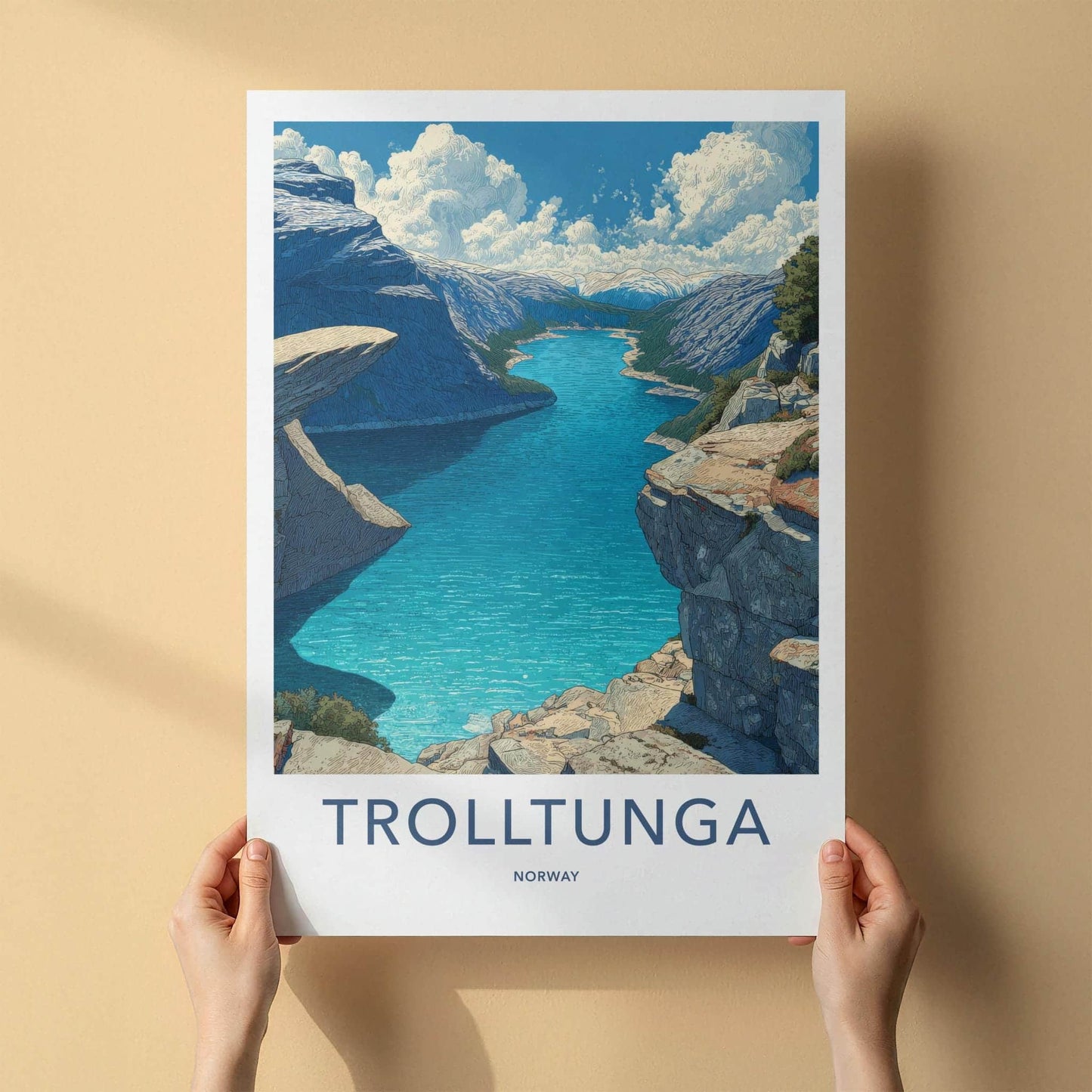 Trolltunga Poster - Norway Travel Art - Dramatic Cliff Fjord Wall Decor