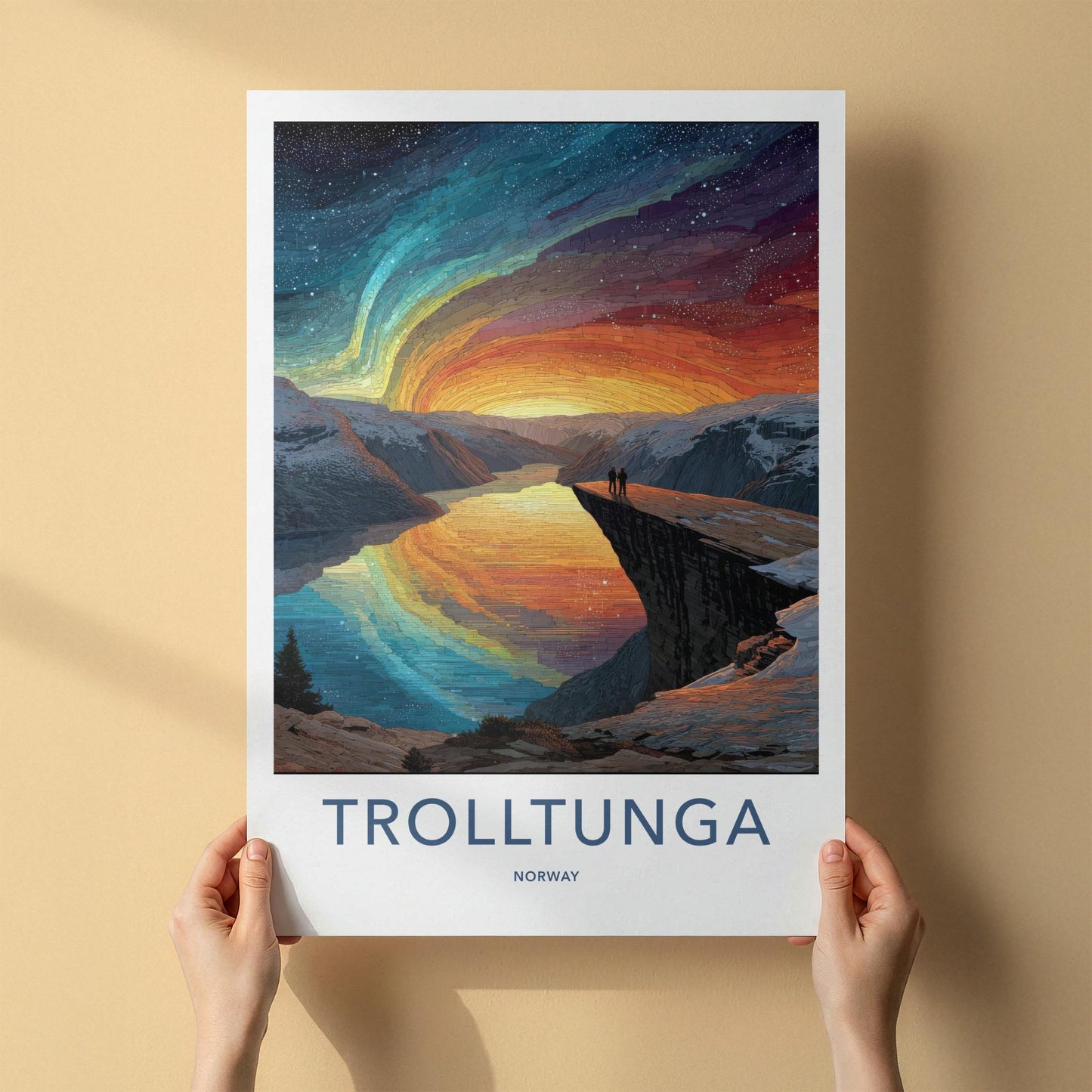Trolltunga Poster - Norway Travel Art - Northern Lights Fjord Home Decor