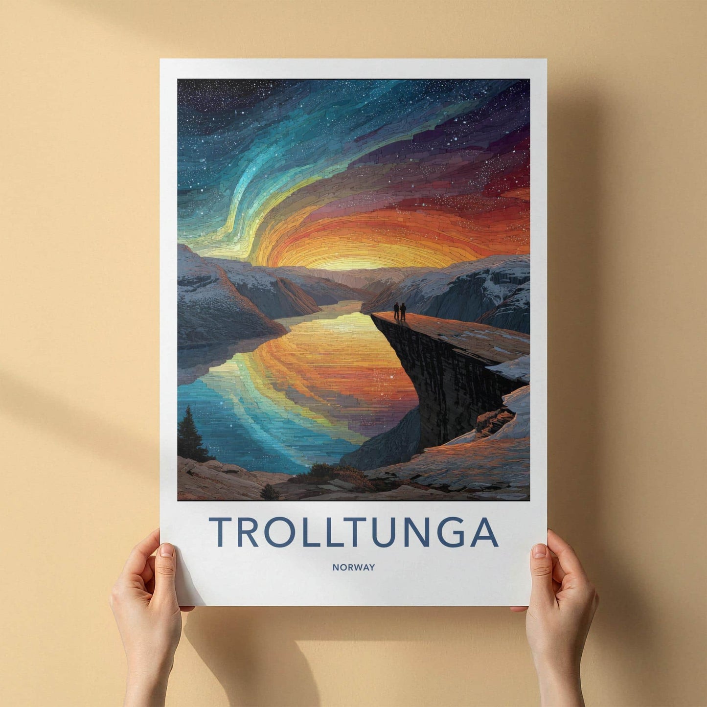 Trolltunga Poster - Norway Travel Art - Northern Lights Fjord Home Decor