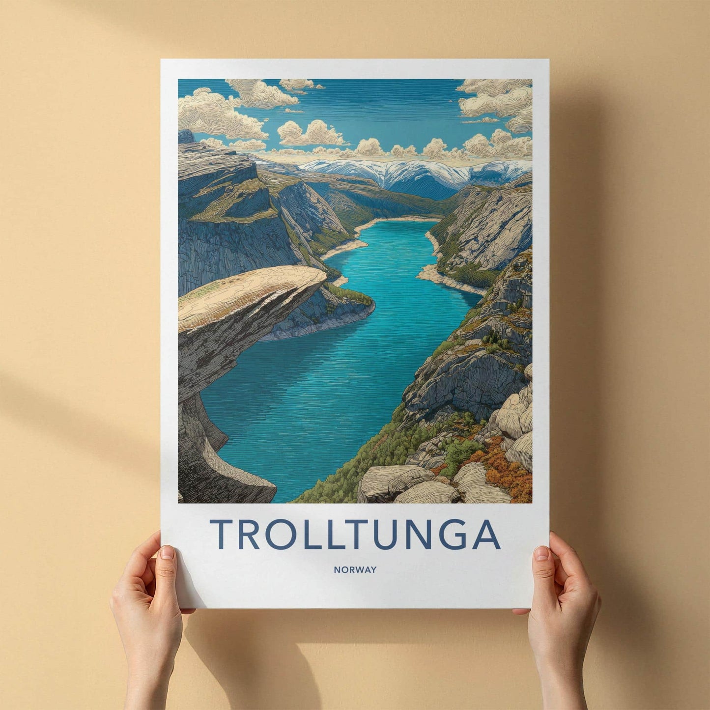 Trolltunga Poster - Norway Travel Art - Overhanging Rock Fjord Home Decor