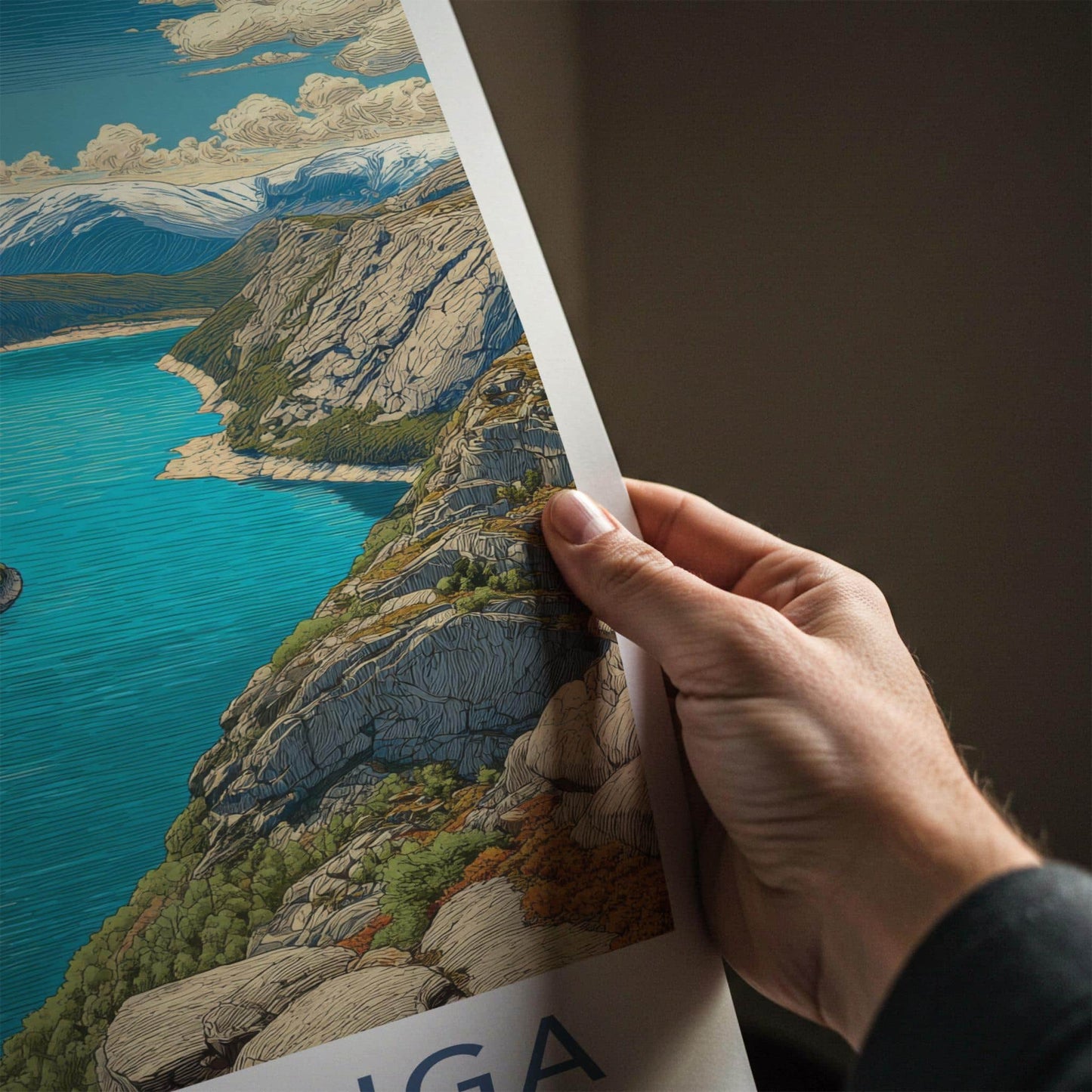 Trolltunga Poster - Norway Travel Art - Overhanging Rock Fjord Home Decor